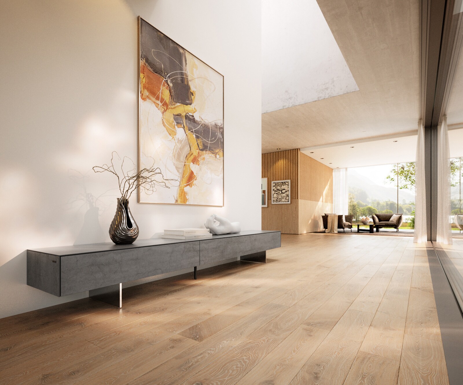 Tv-meubel Cuor 250 cm Keramiek Beton Grijs 1 Flap 1 Laden Zwevende voet look Roestvrij staal 1