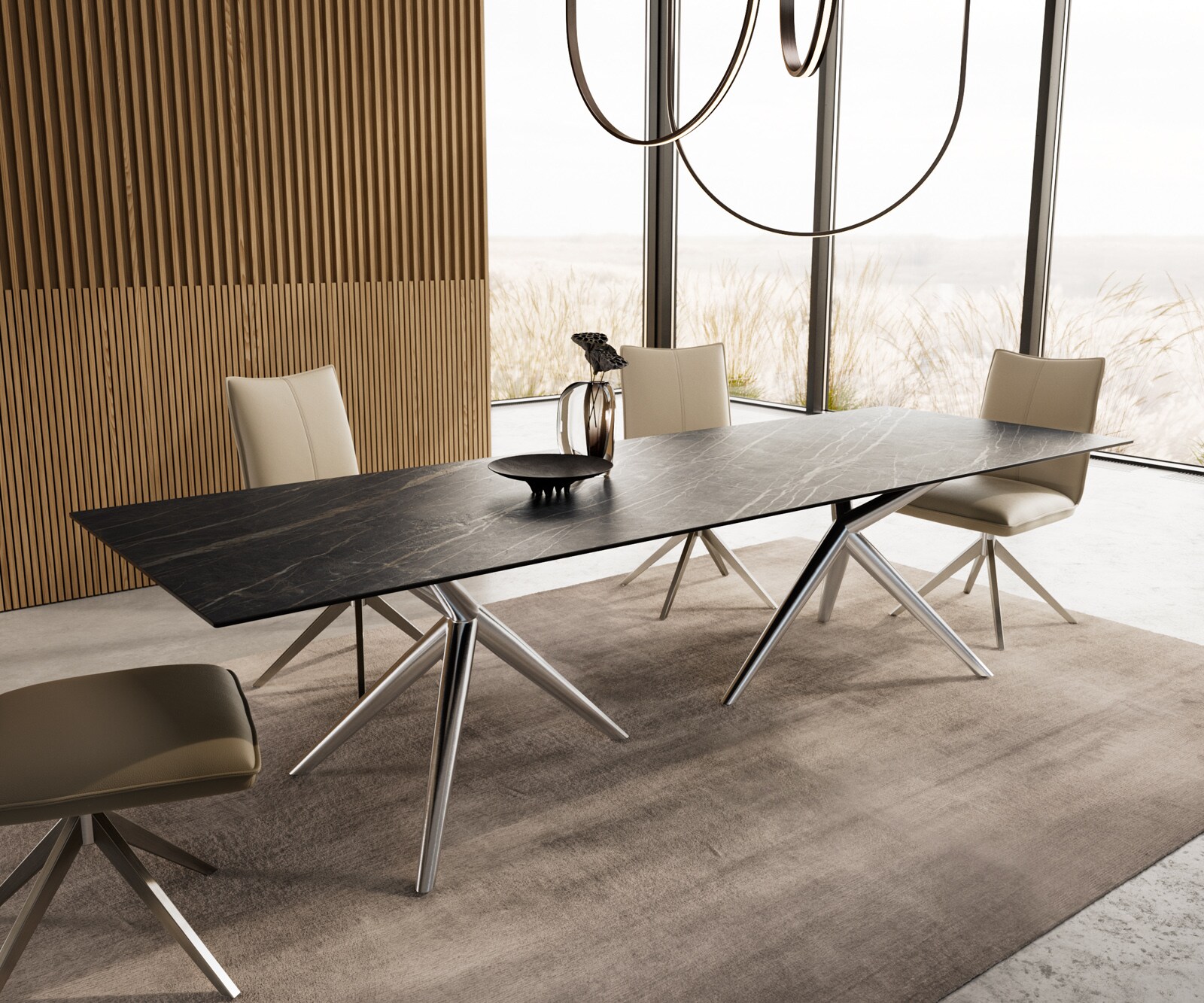 Eetkamertafel Edge 300x100 keramiek Laminam®Noir Desir bruin Estelar rond  roestvrij staal