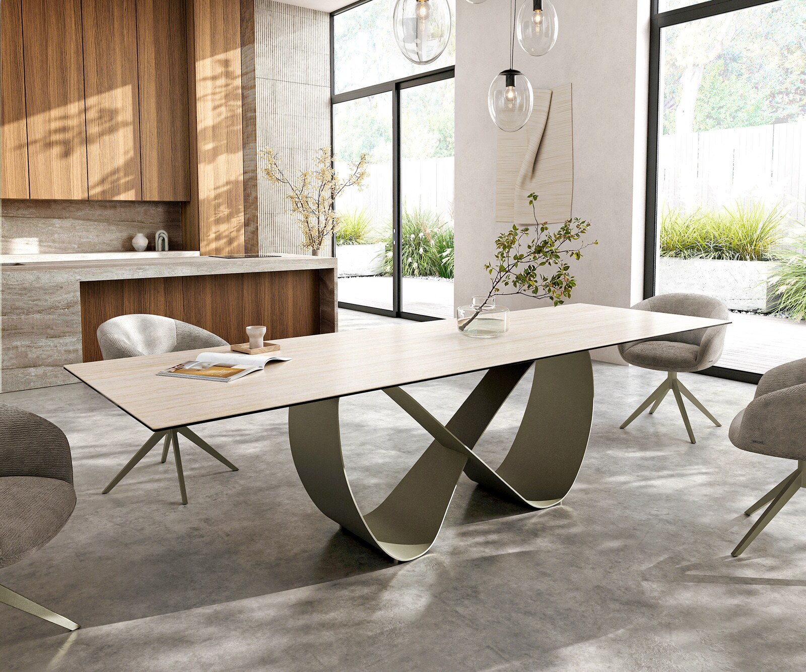 Eettafel Edge 300x100 keramiek  Laminam® Travertino Bianco Creme-wit Infinity metaal effectafwerking Titan