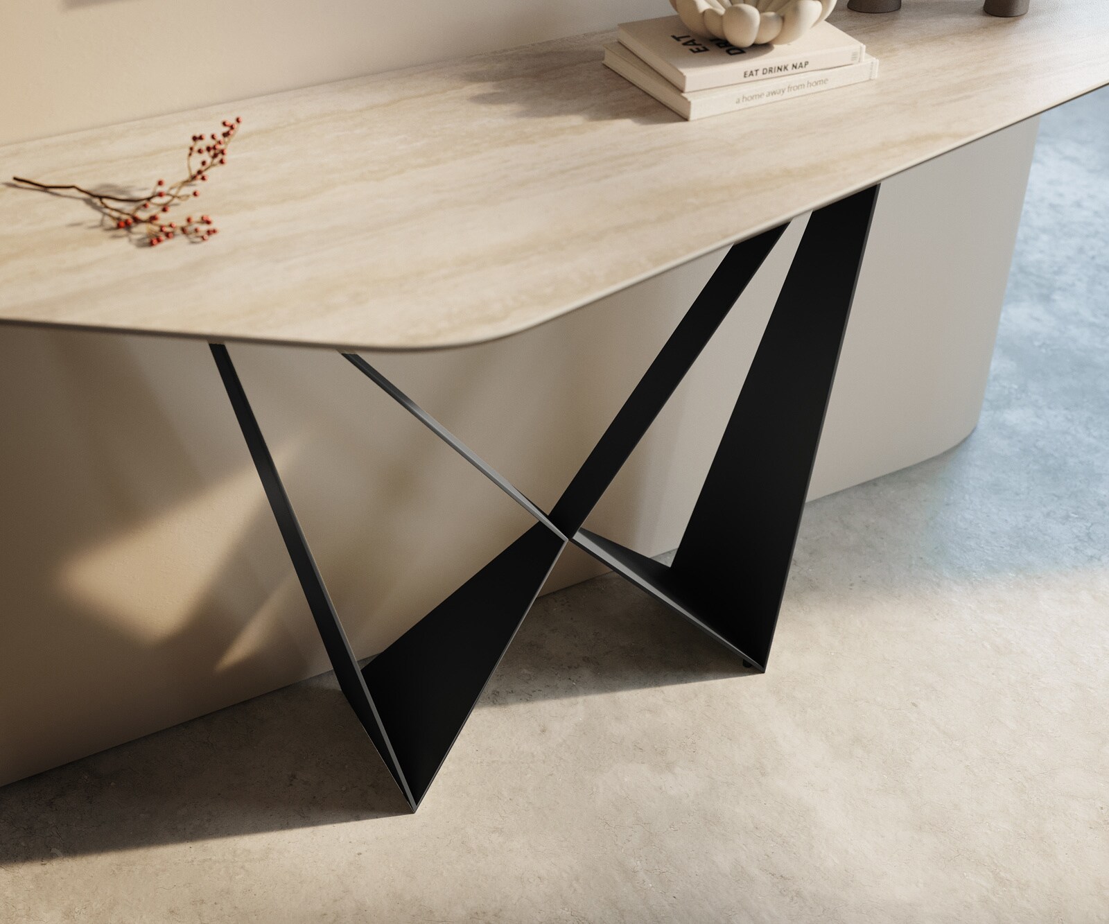 Consoletafel Edge Polygonaal 140x50 cm Keramiek Laminam® Travertino Bianco Creme-Weiß Spios Metaal Zwart 6
