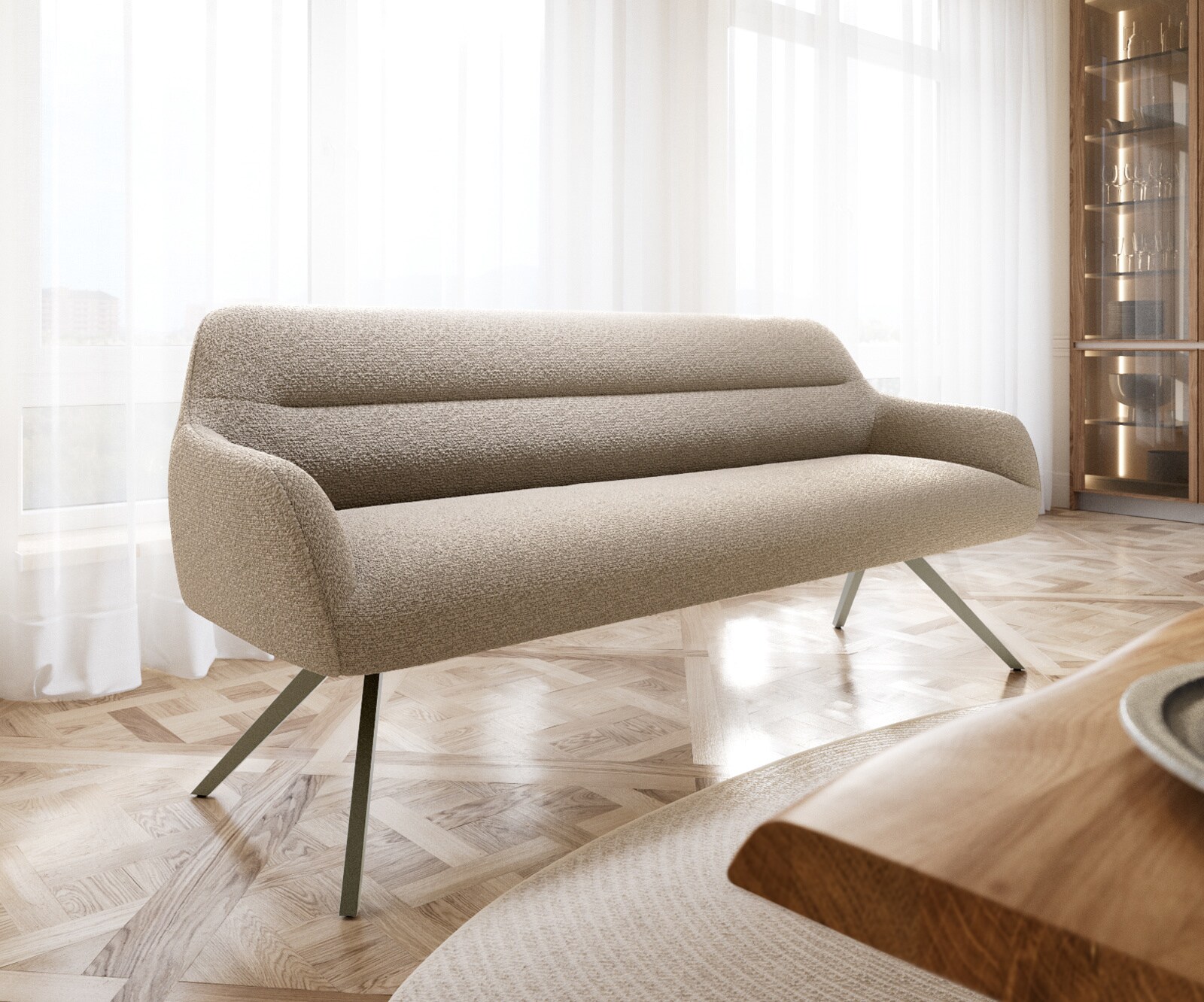 Eetkamerbank Taya-Flex 200 cm bouclé mud hoekig kruisframe afwerking met titaniumeffect pocketvering