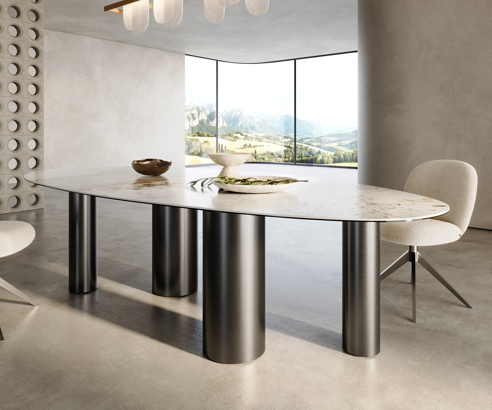 Eetkamertafel Edge ovaal 280x130 keramiek Minas Melange wit-Beige Pilier roestvrij staal grafiet 6