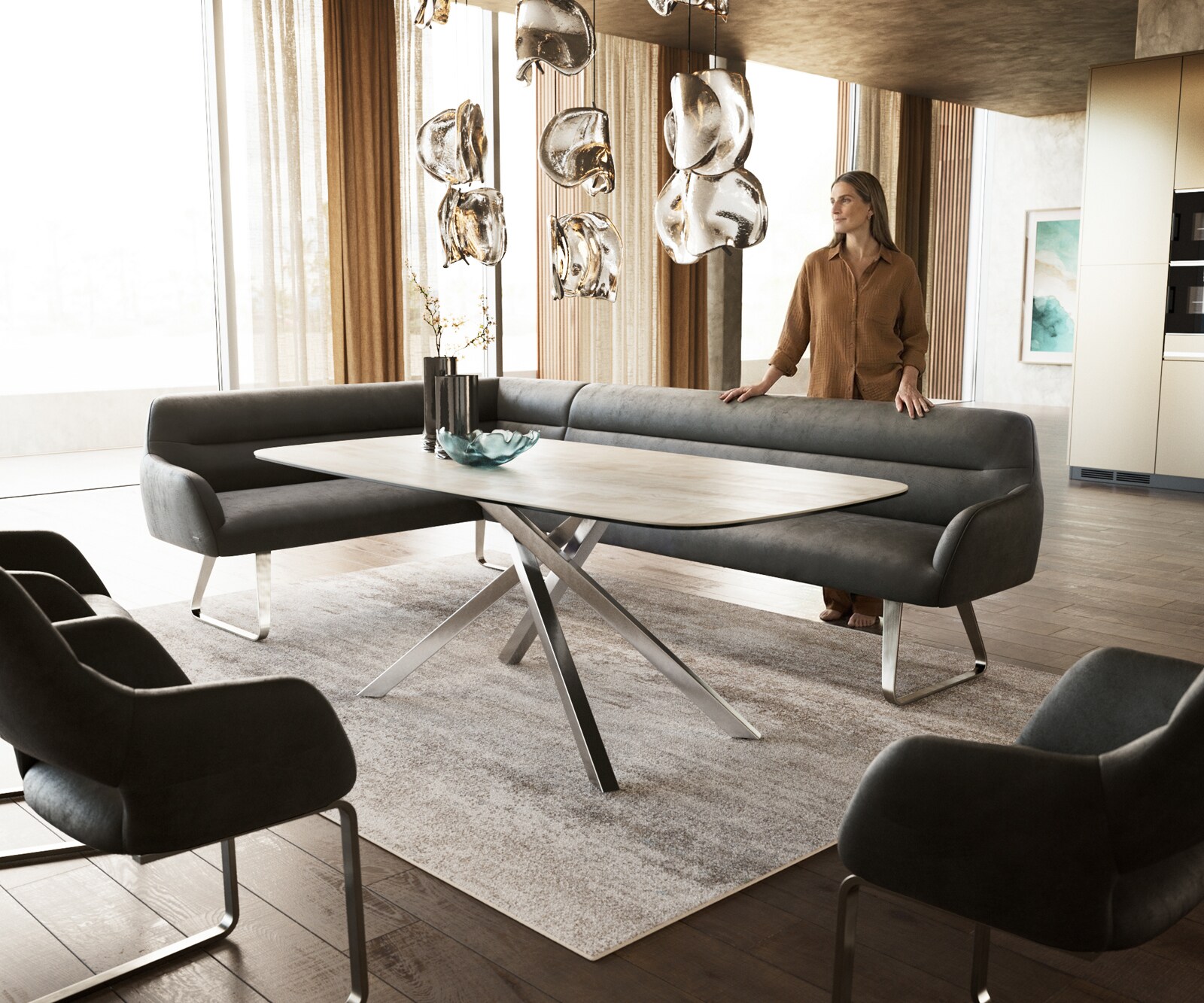 Eetkamerbank Taya-Flex 285x190 cm microvelours anthraciet vintage platte sledebasis roestvrij staal pocketvering rechts 1