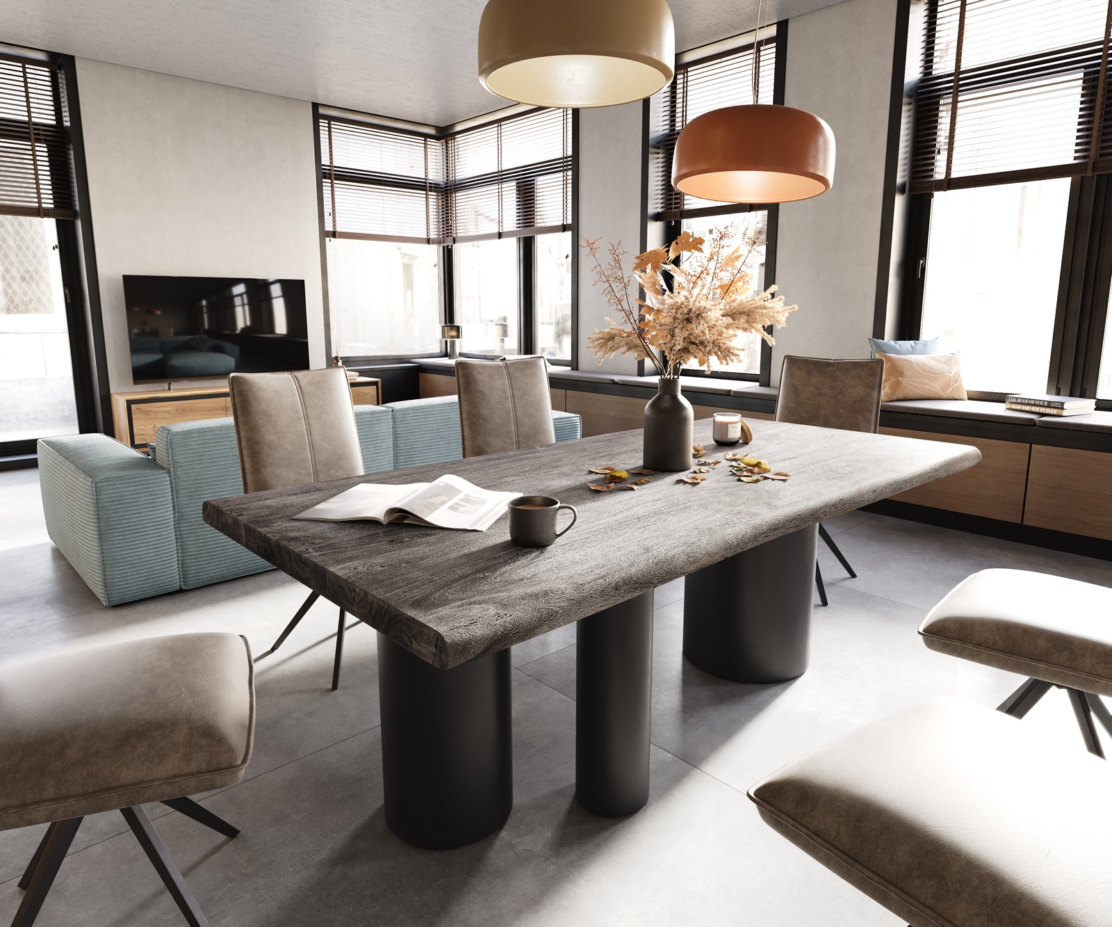 Eettafel Edge 200x100 XL acacia Platin Troa metaal zwart Live-Edge 1