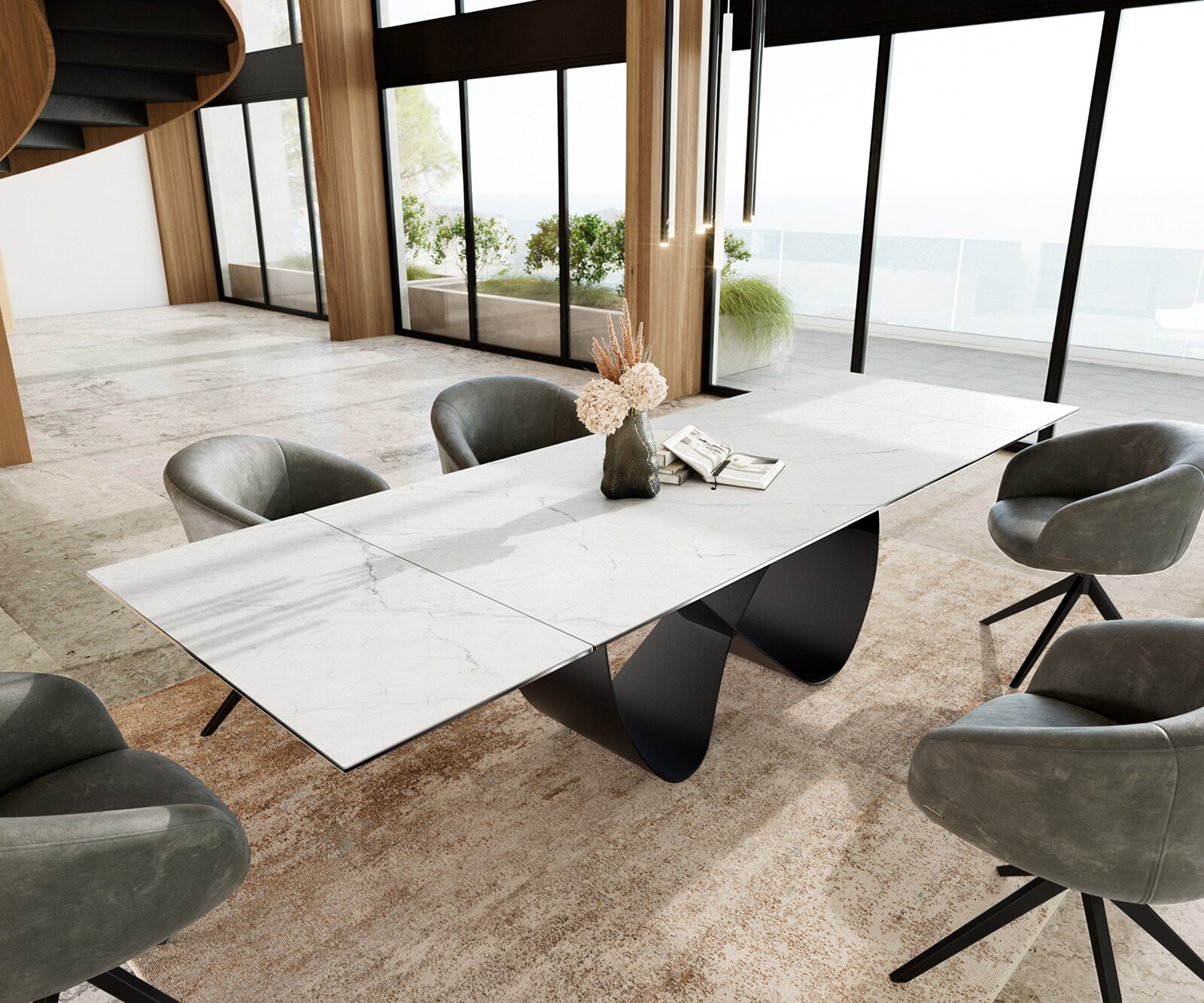 Eetkamertafel Edge 200-300x100 cm Keramiek Laminam®Statuarietto Wit Infinity Metaal Zwart uitschuifbaar 1