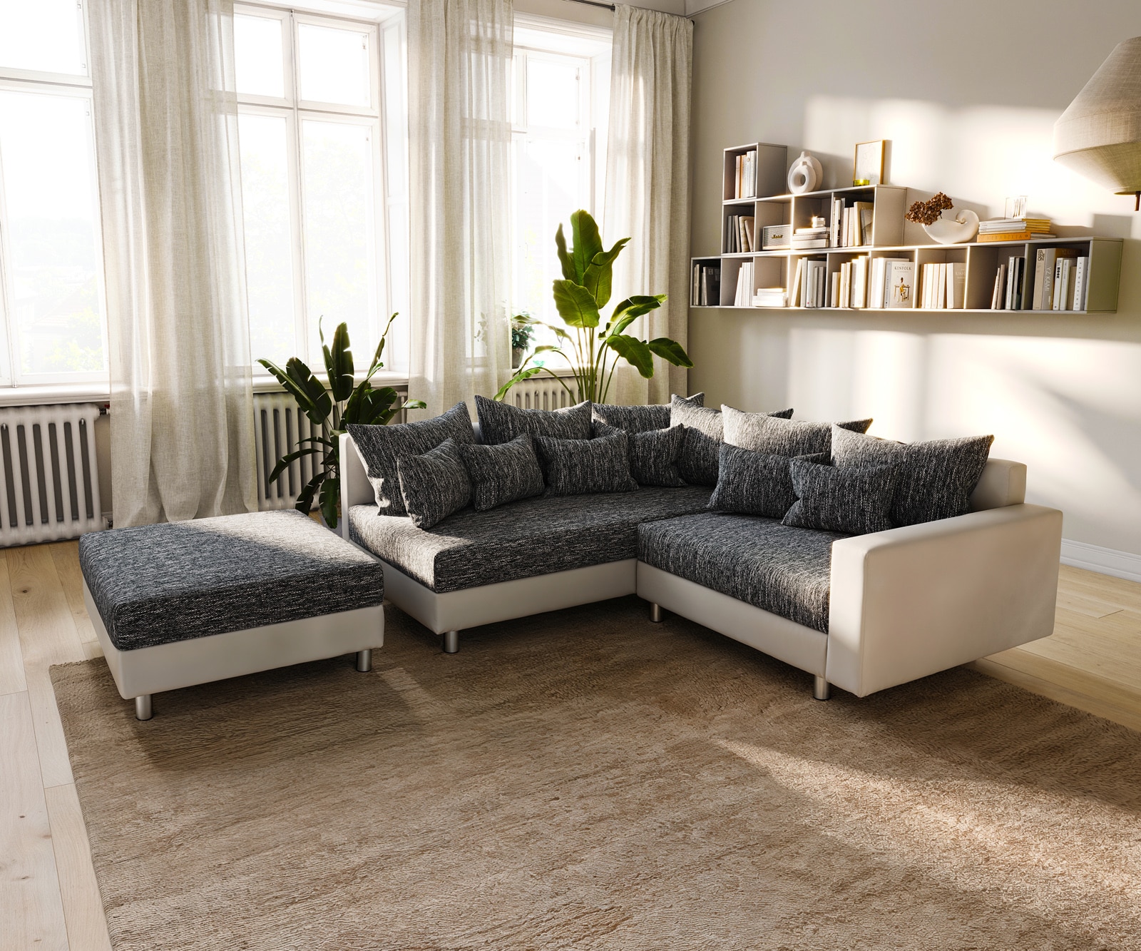 Hoekbank Clovis wit zwart met armleuning en hocker ottomane links 1