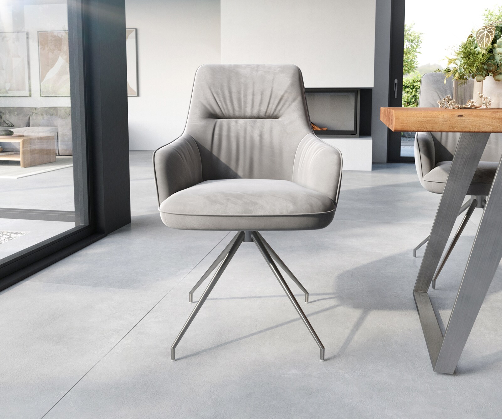 Eetkamerstoel Zelia-Flex met armleuning fluweel grijs kruisframe conisch roestvrij staal pocketveer kern 1 Eetkamerstoel Zelia-Flex met armleuning fluweel grijs kruisframe conisch roestvrij staal pocketveer kern 1