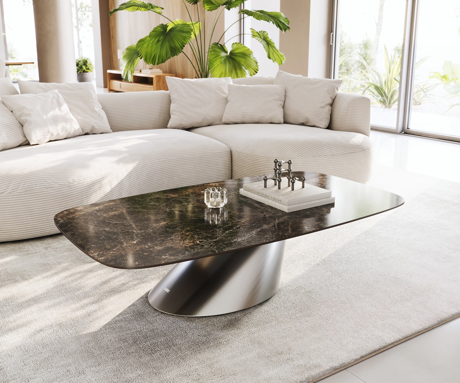 Salontafel Edge Boot 140x80 cm keramiek Laminam® Emperador Extra Lucidato donkerbruin Conis geborsteld roestvrij staal 1