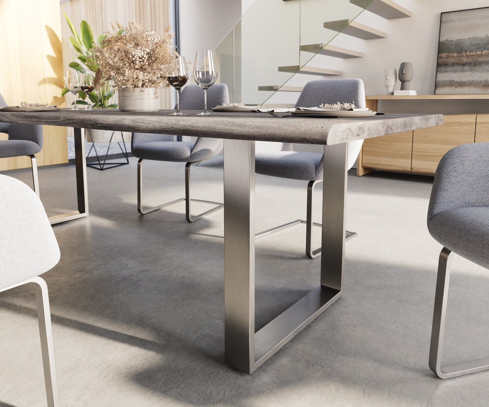 Eettafel Edge 260x100 acacia platina roestvrijstaal smal Live-Edge 4