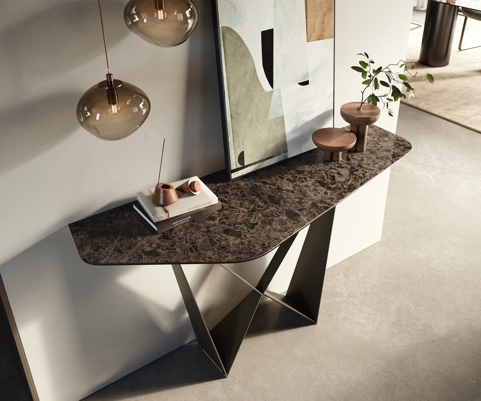 Consoletafel Edge Polygonaal 140x50 cm Keramiek Emperador Extra Lucidato Dunkelbraun Spios Metaal Effektfinish Titan 1