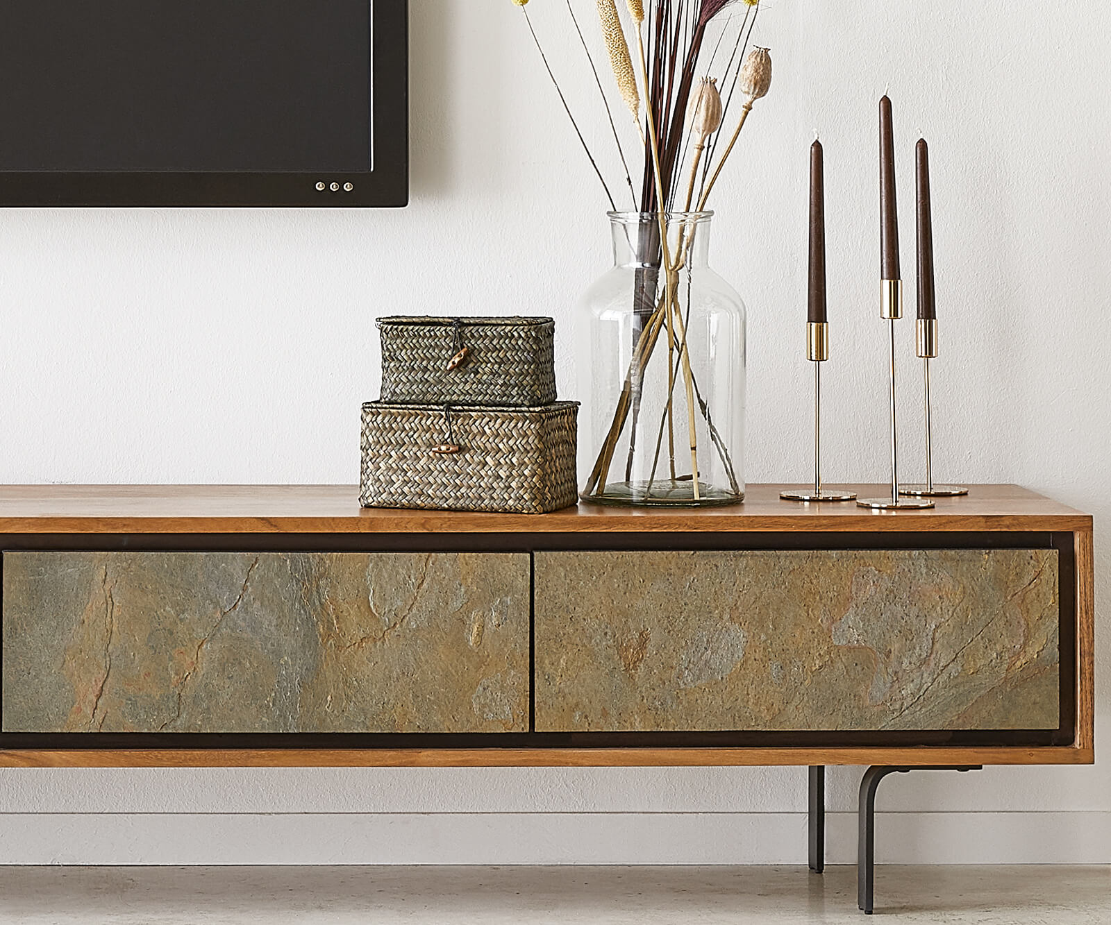 Tv-meubel Juwelo 220 cm acacia natuur steen fineer metaal zwart 6