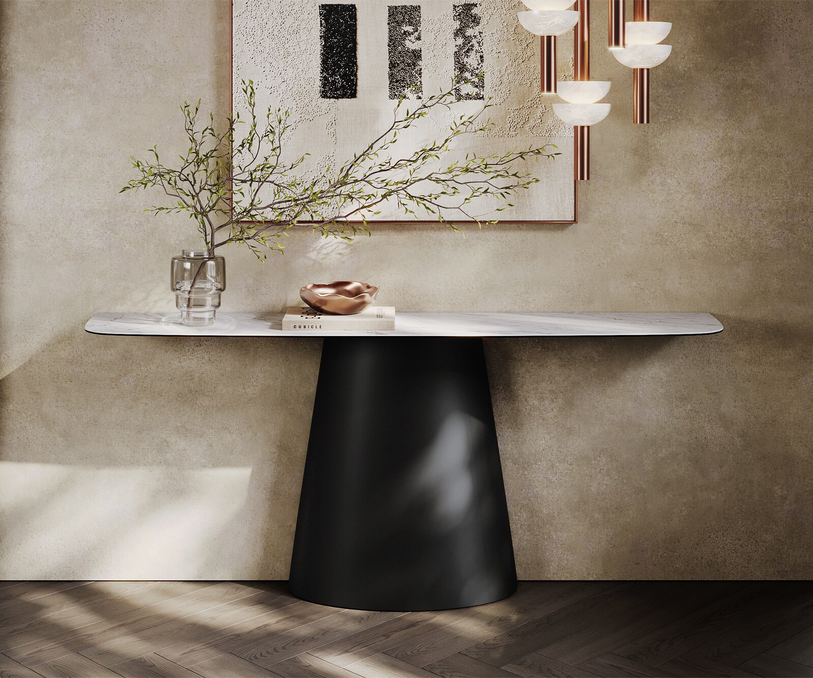 Consoletafel Edge Bootvorm 180x40 cm Keramiek Laminam® Statuarietto Weiß Conos Metaal Zwart 1