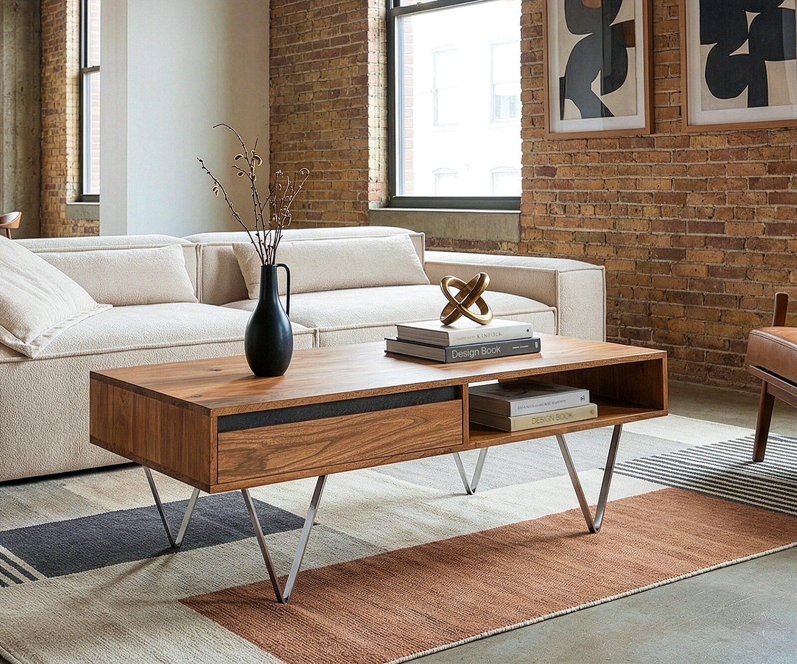 Couchtisch Stonegrace 115x60x35 cm Akazie Natur Schiefer 2 Schubladen 1 Fach