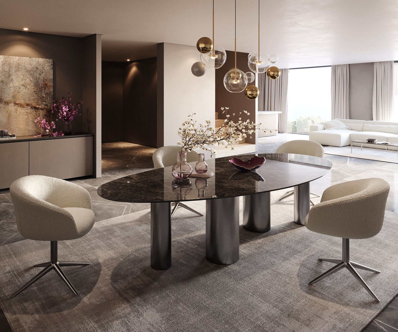 Eetkamertafel Edge ovaal 280x130 keramiek Laminam®Emperador Extra Lucidato donkerbruin Pilier roestvrij staal grafiet 7