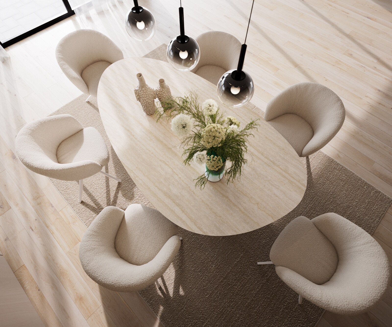 Eetkamertafel Edge ovaal 220x120 keramiek Laminam®Travertino Bianco Creme-wit ​Pilier metaal wit 3