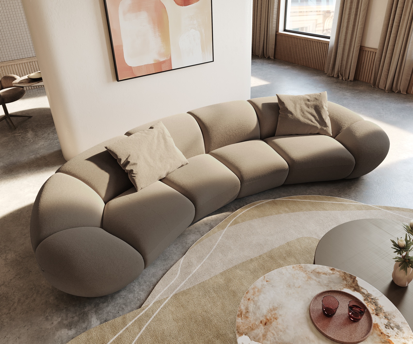 Grote sofa Lunna 360x175 cm Bouclé natuur 2 kussens 1 Grote sofa Lunna 360x175 cm Bouclé natuur 2 kussens 1