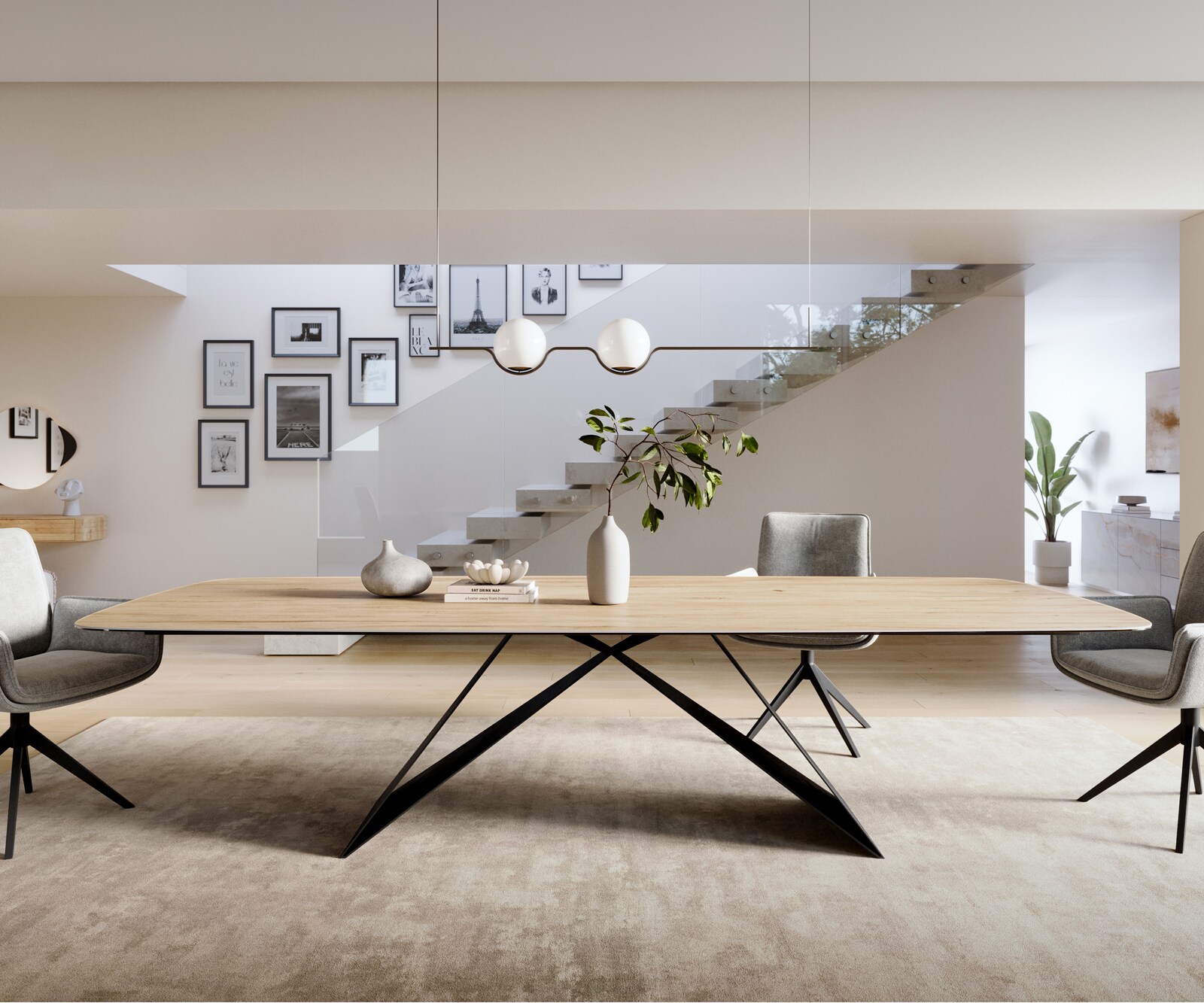Eettafel Edge Boot 300x120 cm Keramiek Laminam® Sabbia Eichefarbig V-onderstel Flachstahl Zwart 2