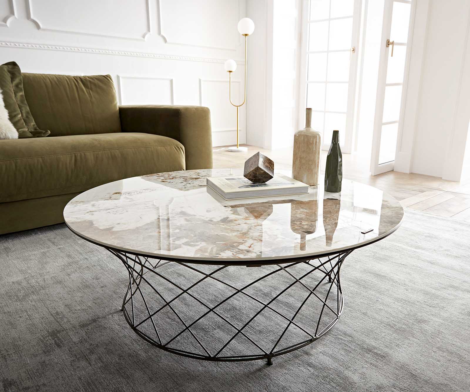 Salontafel Lassina 100x100 cm keramiek Minas Melange wit-beige frame metaal effect afwerking titanium 6