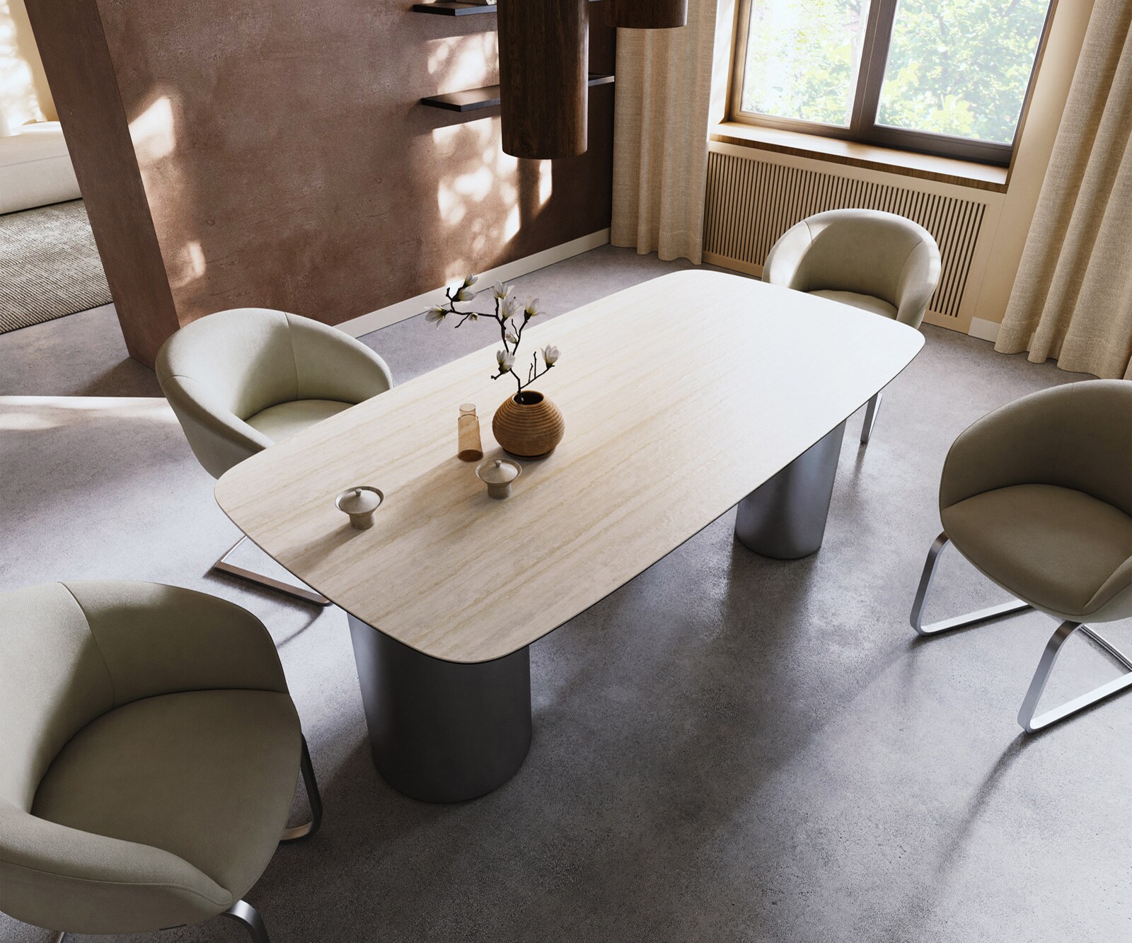 Eettafel Edge Boot 200x100 keramiek  Laminam® Travertino Bianco Creme-wit Troa RVS gebürstet