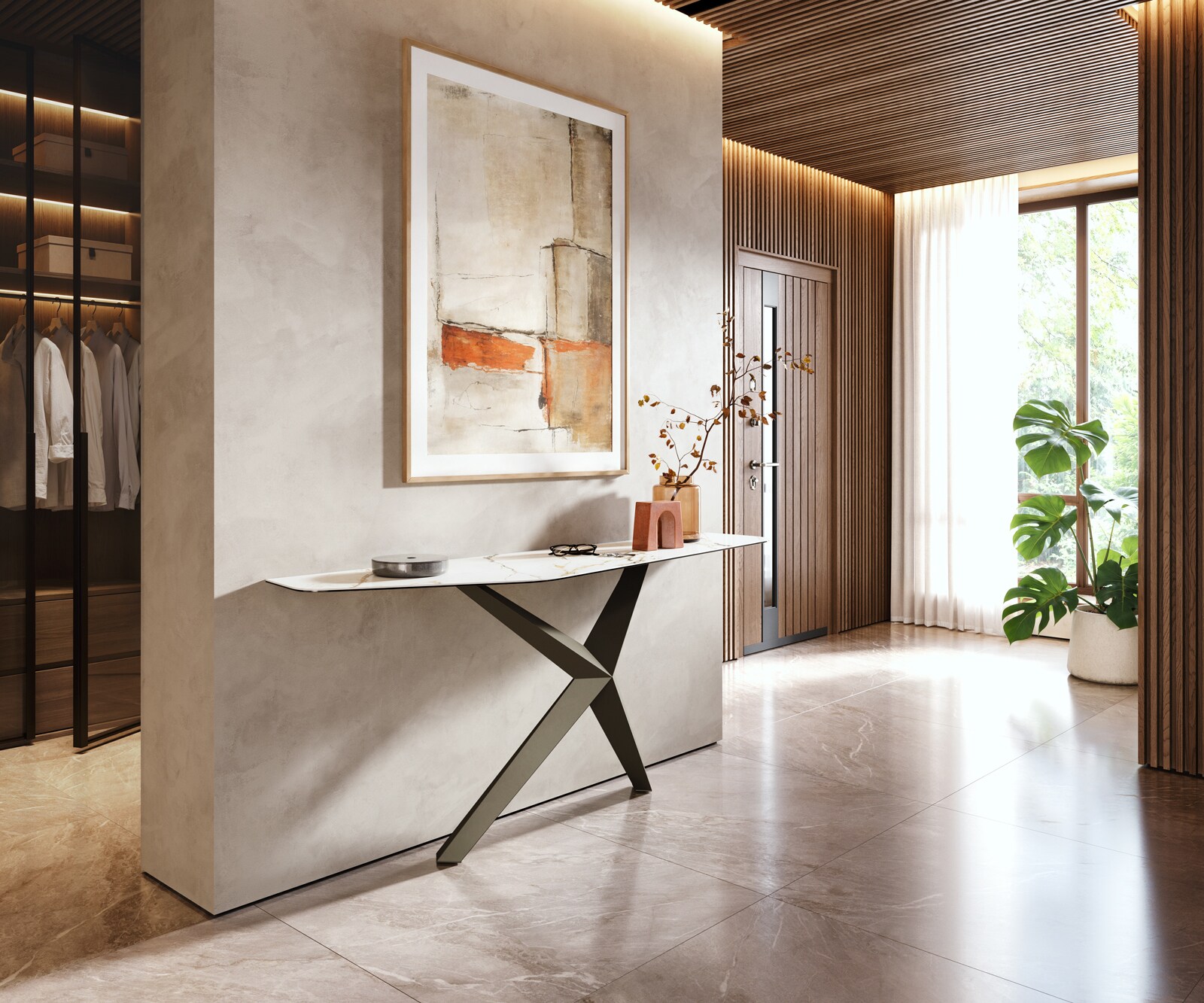Consoletafel Edge Polygonaal 180x50 cm Keramiek Calacatta Luxe Weiß-Gold-Grijs Zentharo Metaal Effektfinish Titan 6