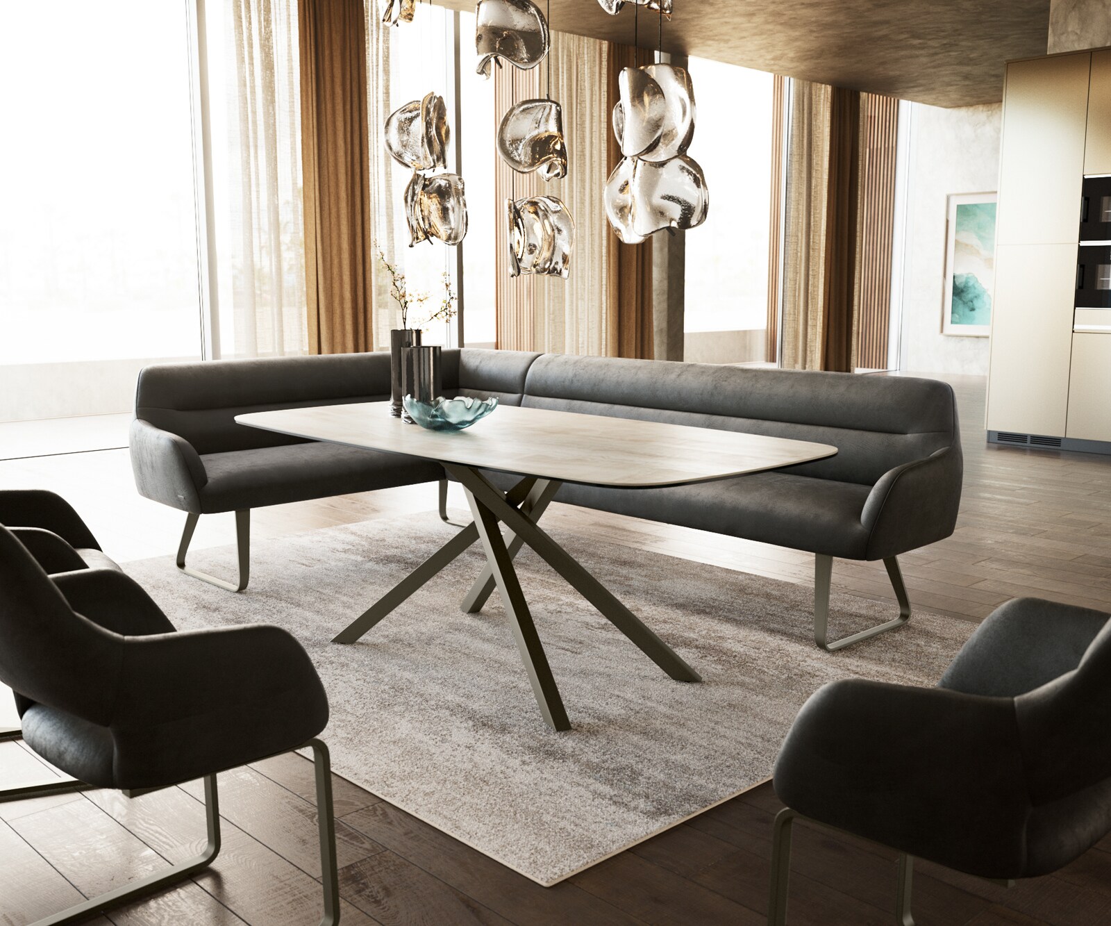 Eetkamerbank Taya-Flex 285x190 cm microvelours anthraciet vintage platte sledebasis afwerking met titaniumeffect pocketvering rechts 1