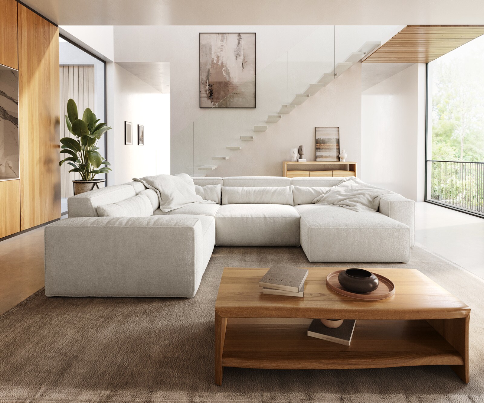 Woonkamer landschap Sirpio 300x210 cm bouclee crème-wit recamiere variabele 1