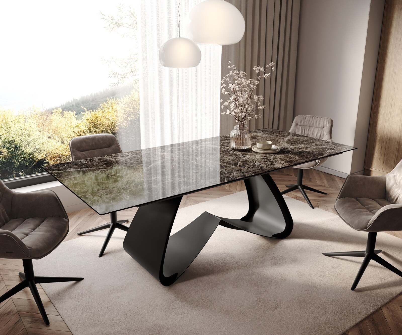 Eettafel Edge 180-220x90 keramiek  Laminam® Emperador Extra Lucidato donkerbruin W-frame zwart uitrekbaar 1