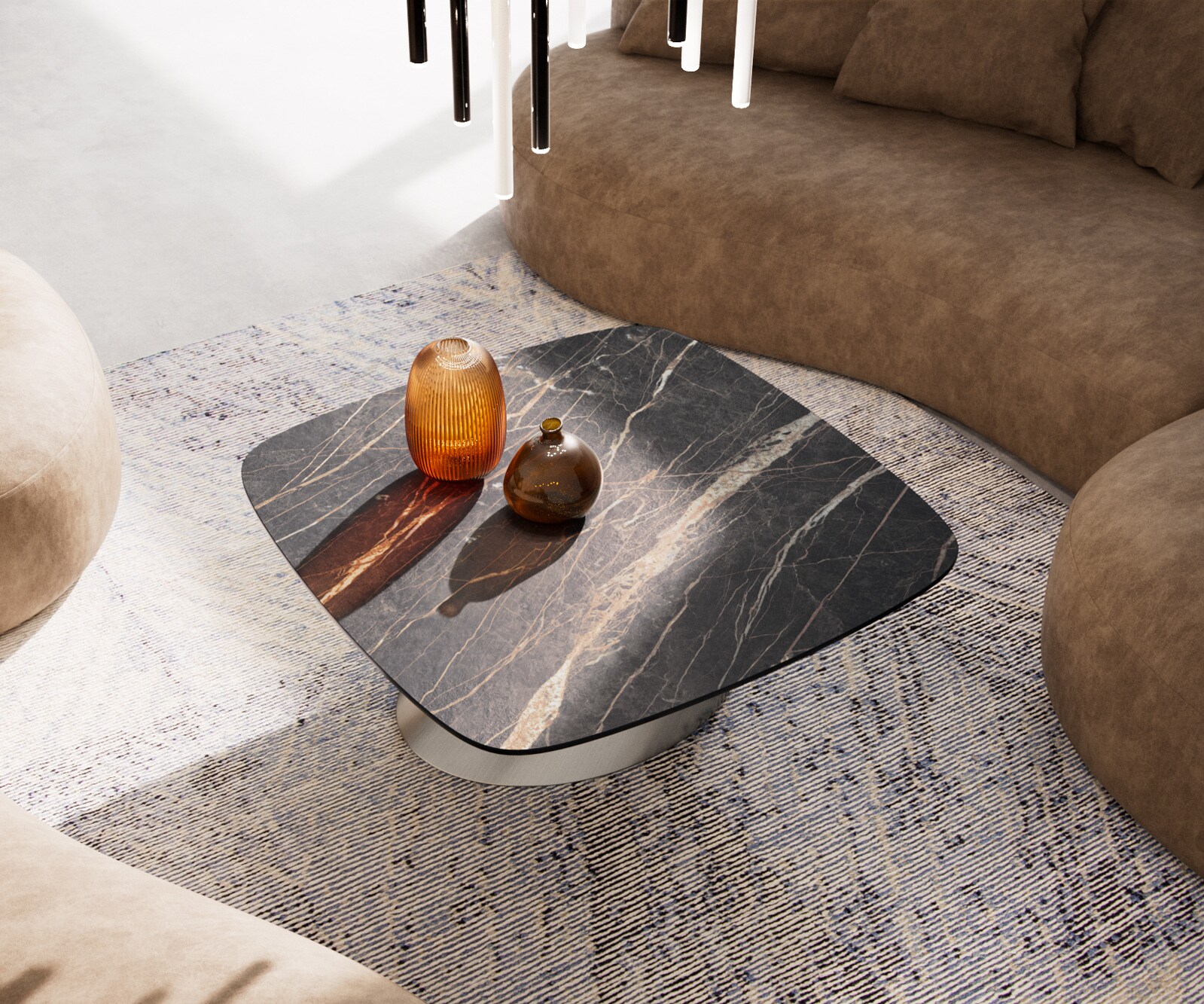 Salontafel Edge Boot 90x90 cm keramiek Laminam® Noir Desir bruin Conis geborsteld roestvrij staal 3