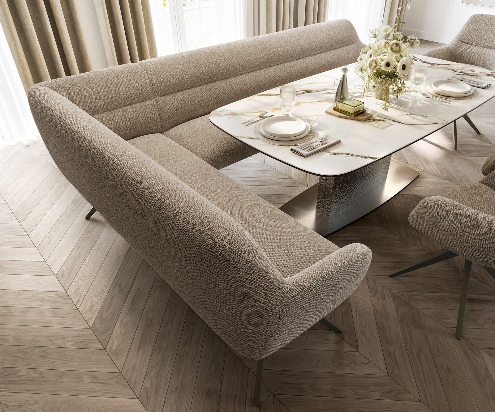 Eetkamerbank Taya-Flex 285x190 cm bouclé mud hoekig kruisframe afwerking met titaniumeffect pocketvering rechts 4