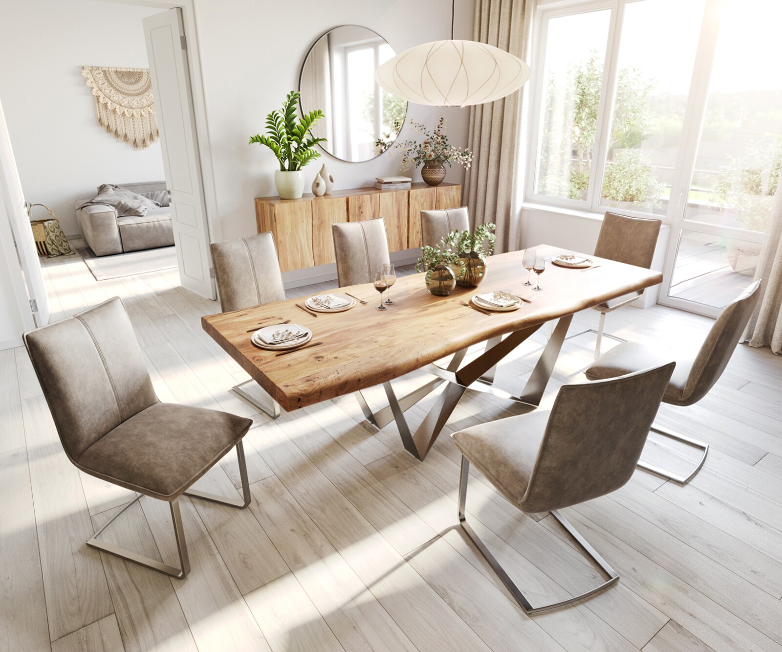 Eettafel Edge 260x100 XL acacia natuur Spider staal  roestvrij staal  Live-Edge 5