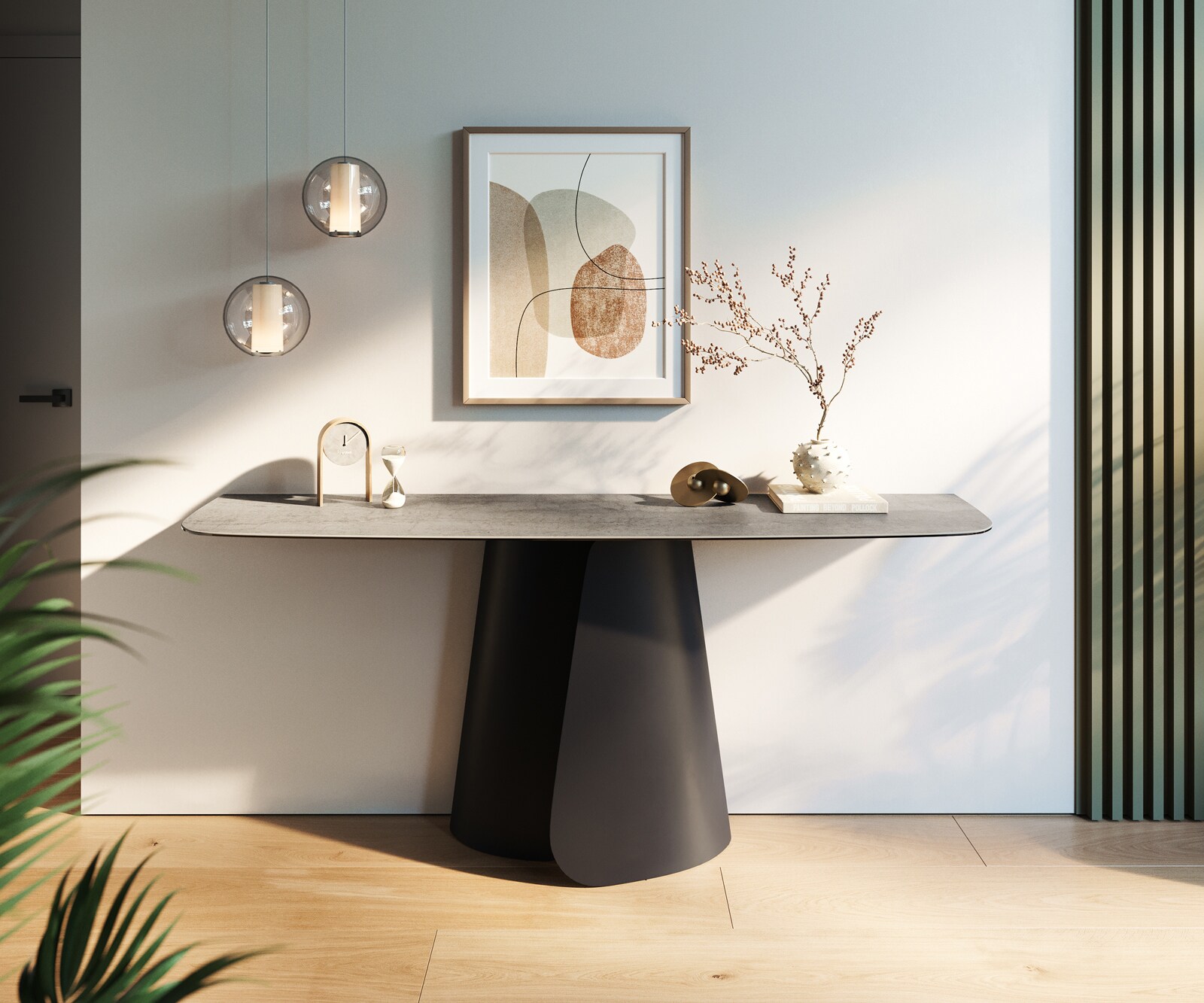 Consoletafel Edge Bootvorm 180x40 cm Keramiek Betongrijs Livos Metaal Zwart 2