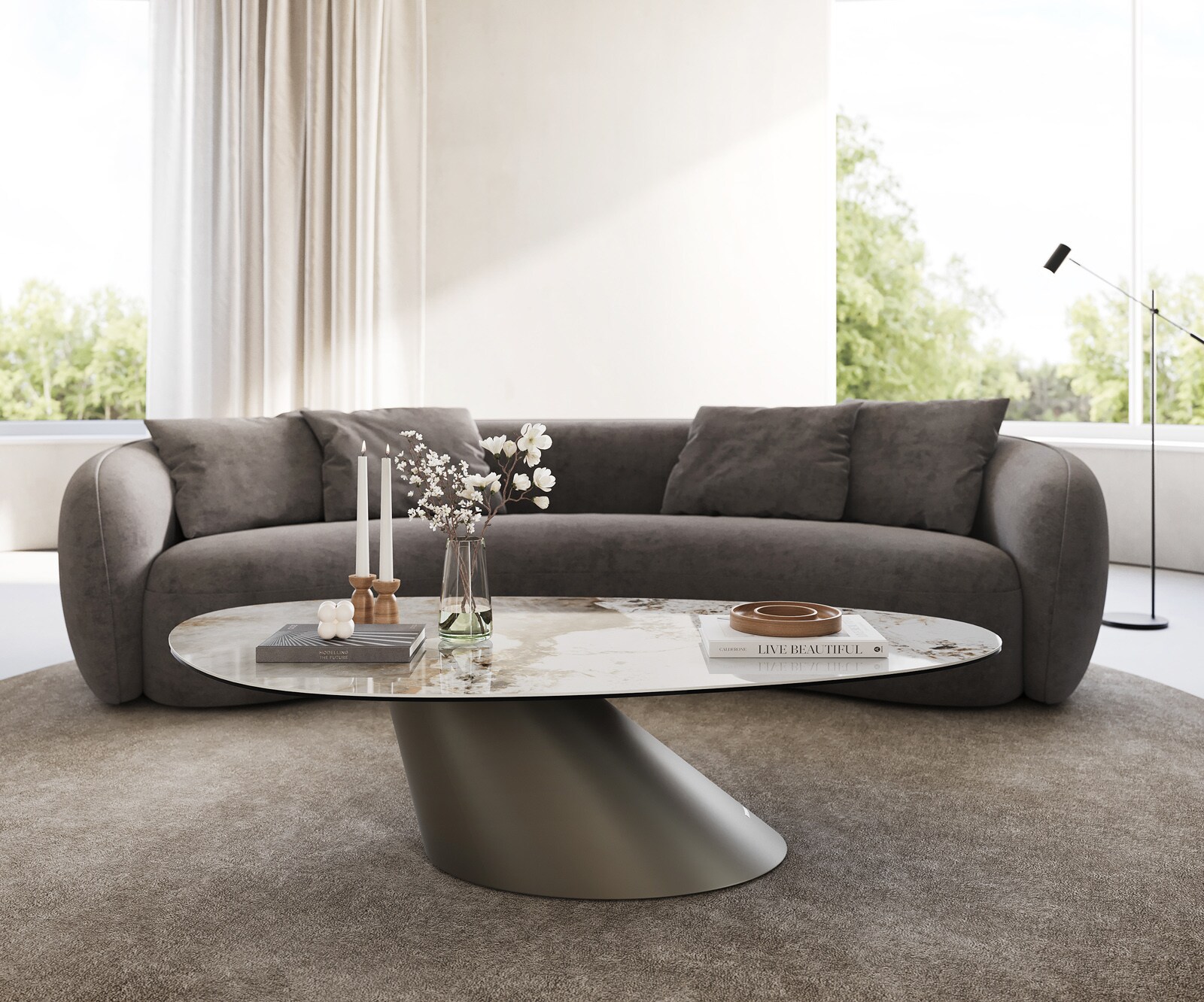 Salontafel Edge Oval 140x75 cm keramiek Minas Melange Conis Metall effectafwerking titaan 2