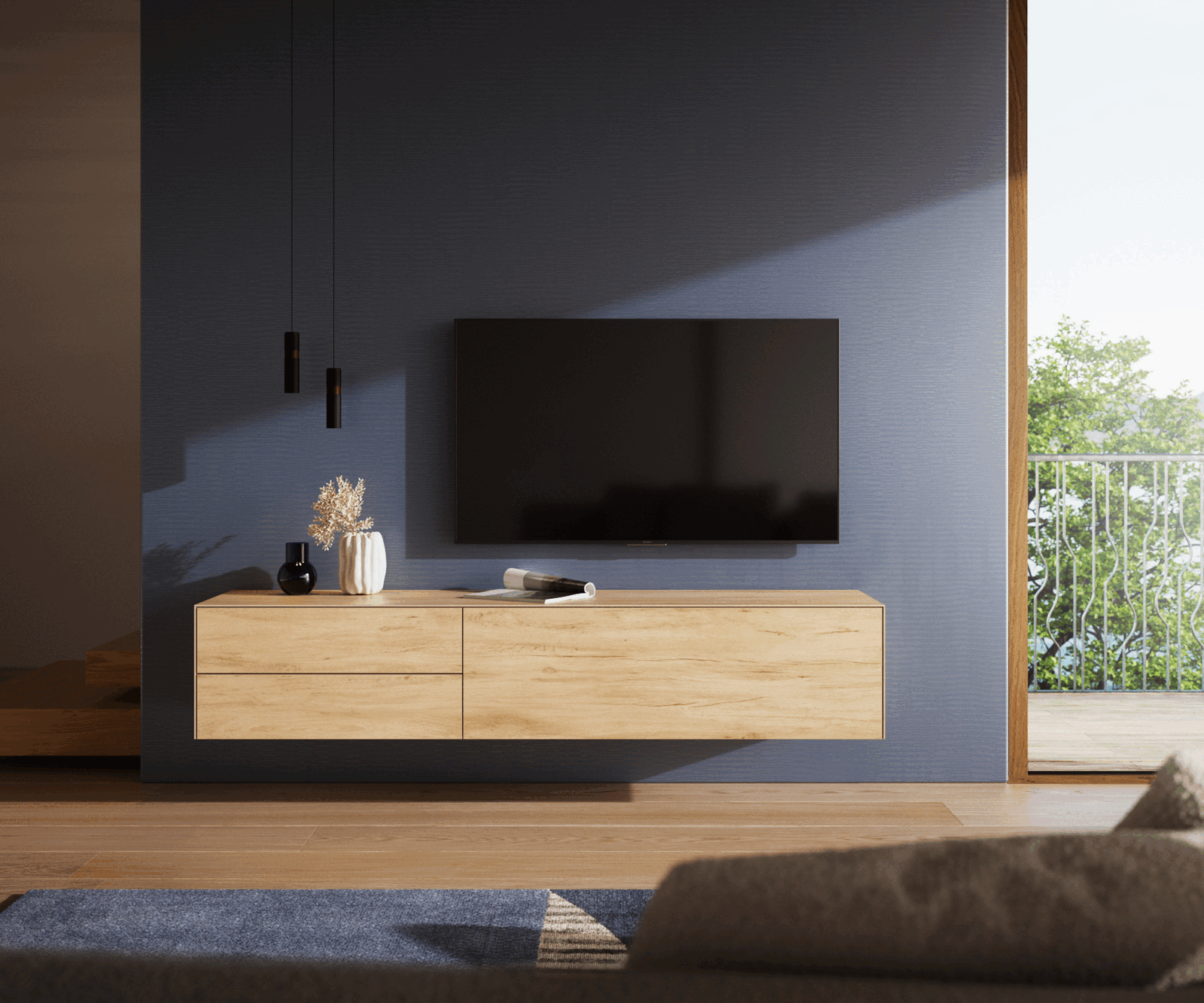 Tv-meubel Cuor 180 cm Keramiek Laminam® Sabbia Eiken gekleurd 1 Flap 2 Laden Zwevend 2