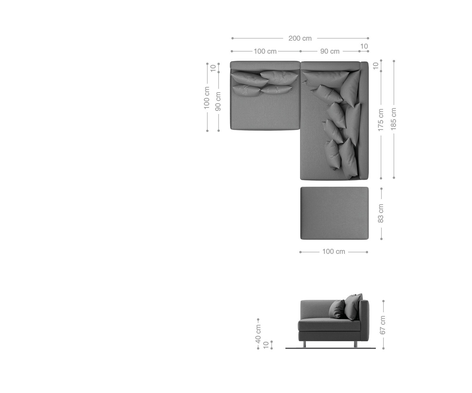 Hoekbank Clovis zwart met hocker ottomane rechts modulair 8