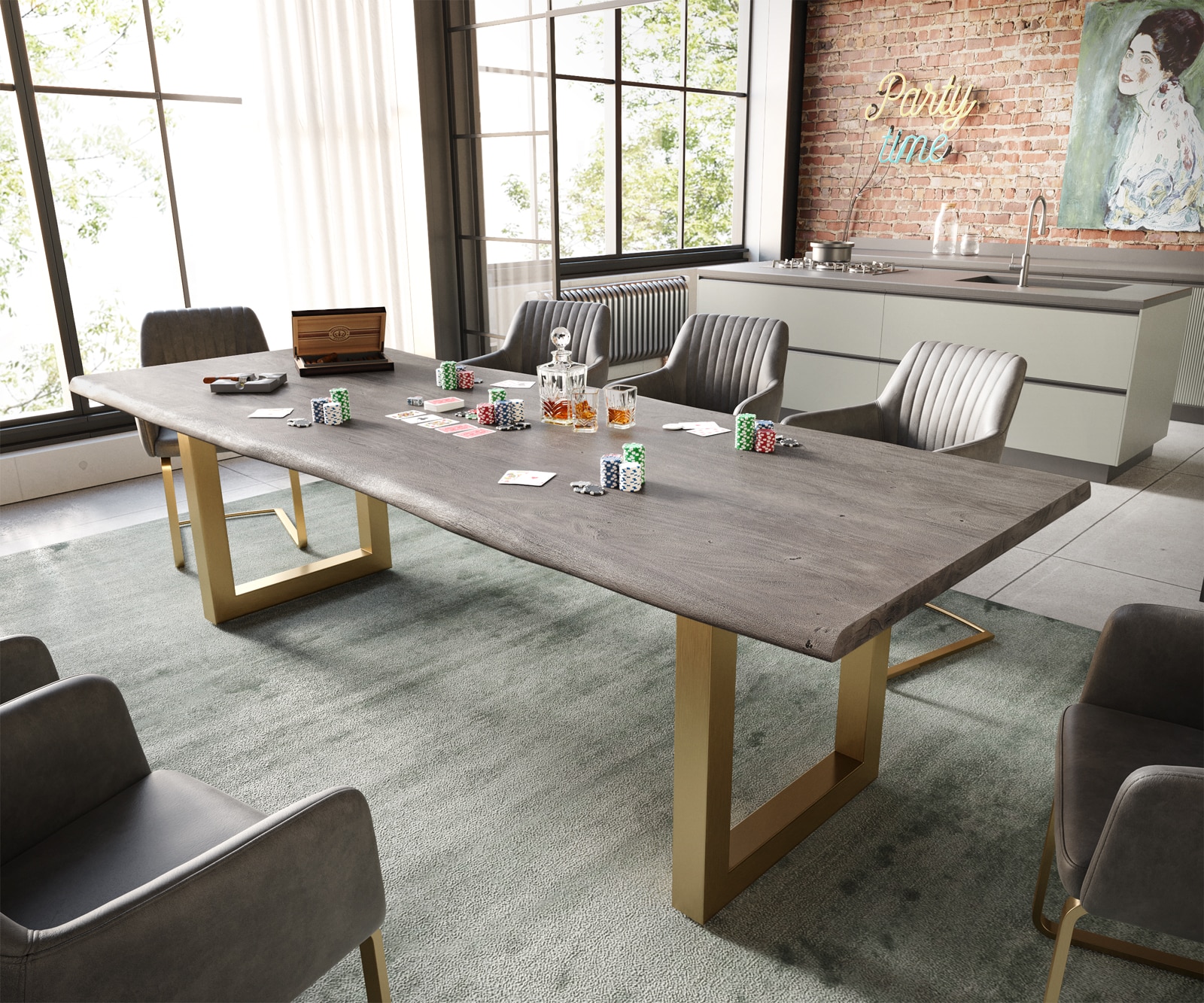 Eettafel Edge 260x100 acacia platina  roestvrij staal goud breed Live-Edge Eettafel Edge 260x100 acacia platina  roestvrij staal goud breed Live-Edge
