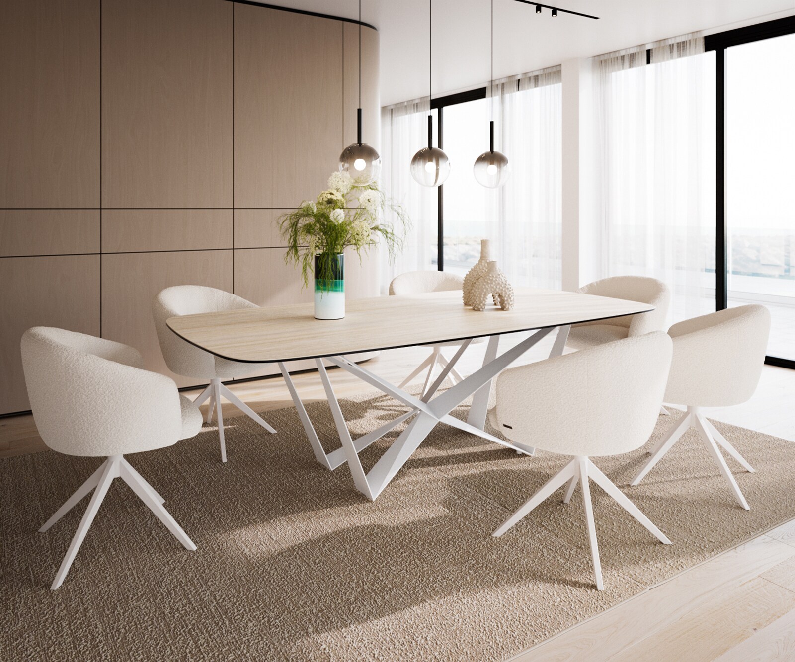 Eetkamertafel Edge Boot 240x120 cm Keramiek Travertin Natuur Spider Metaal Wit 4