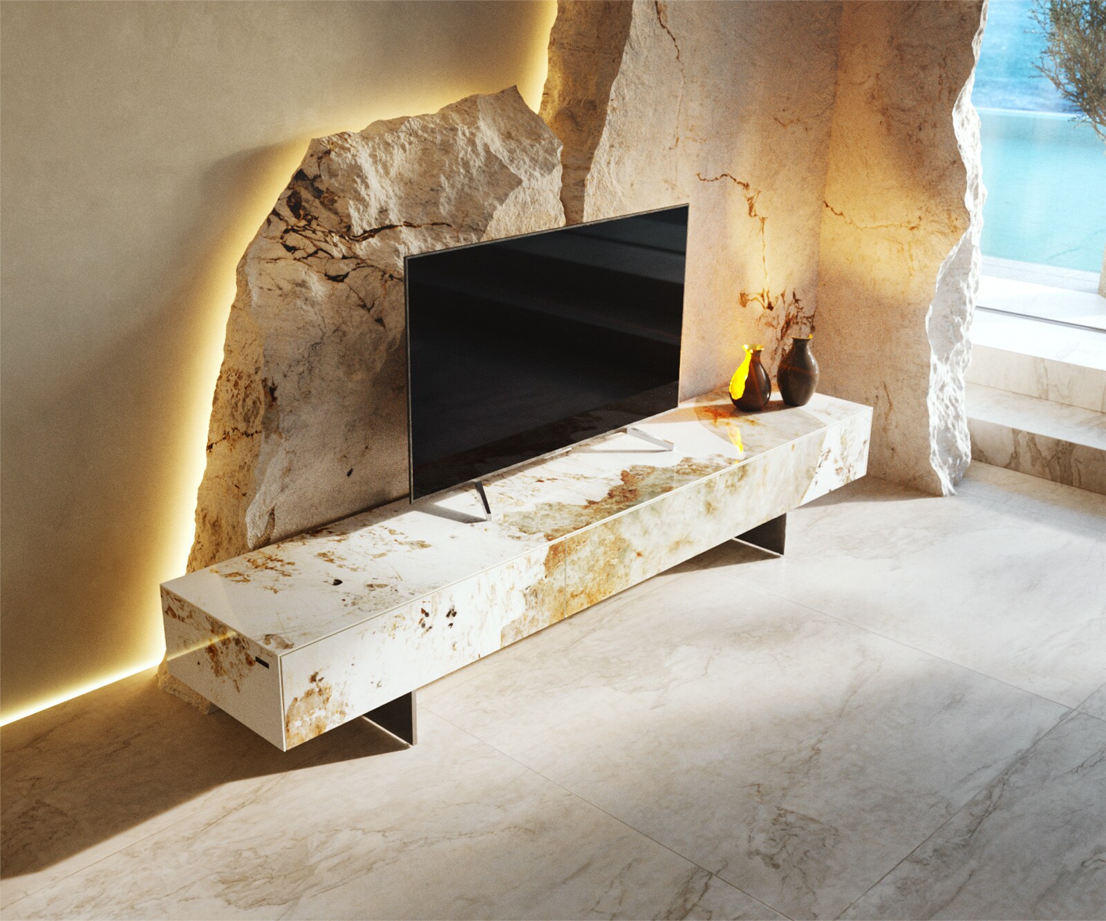 Tv-meubel Cuor 200 cm Keramiek Minas Melange Wit-beige 1 Flap 1 Lade Zwevende voet look Roestvrij staal 3