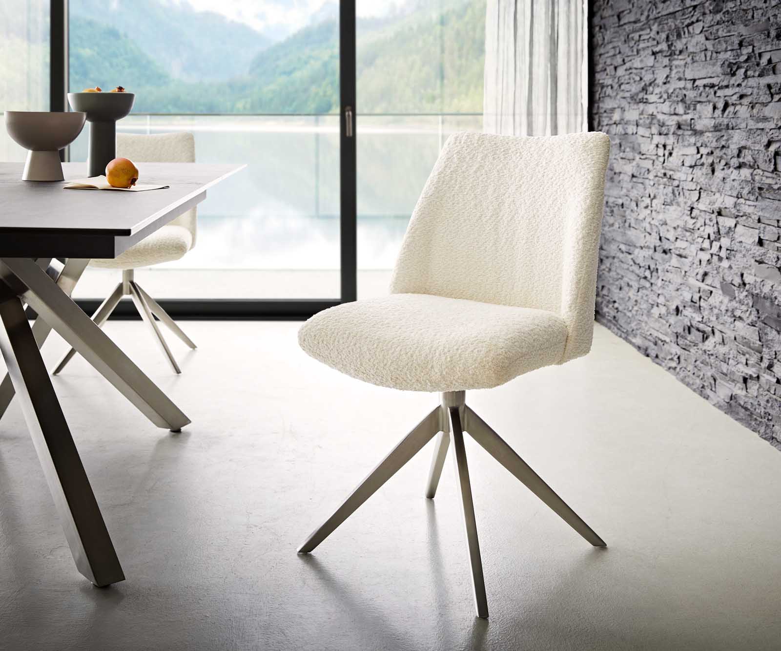 Draaistoel Elso-Flex bouclé wit kruisframe breed roestvrij staal 360° draaibaar pocketveer kern