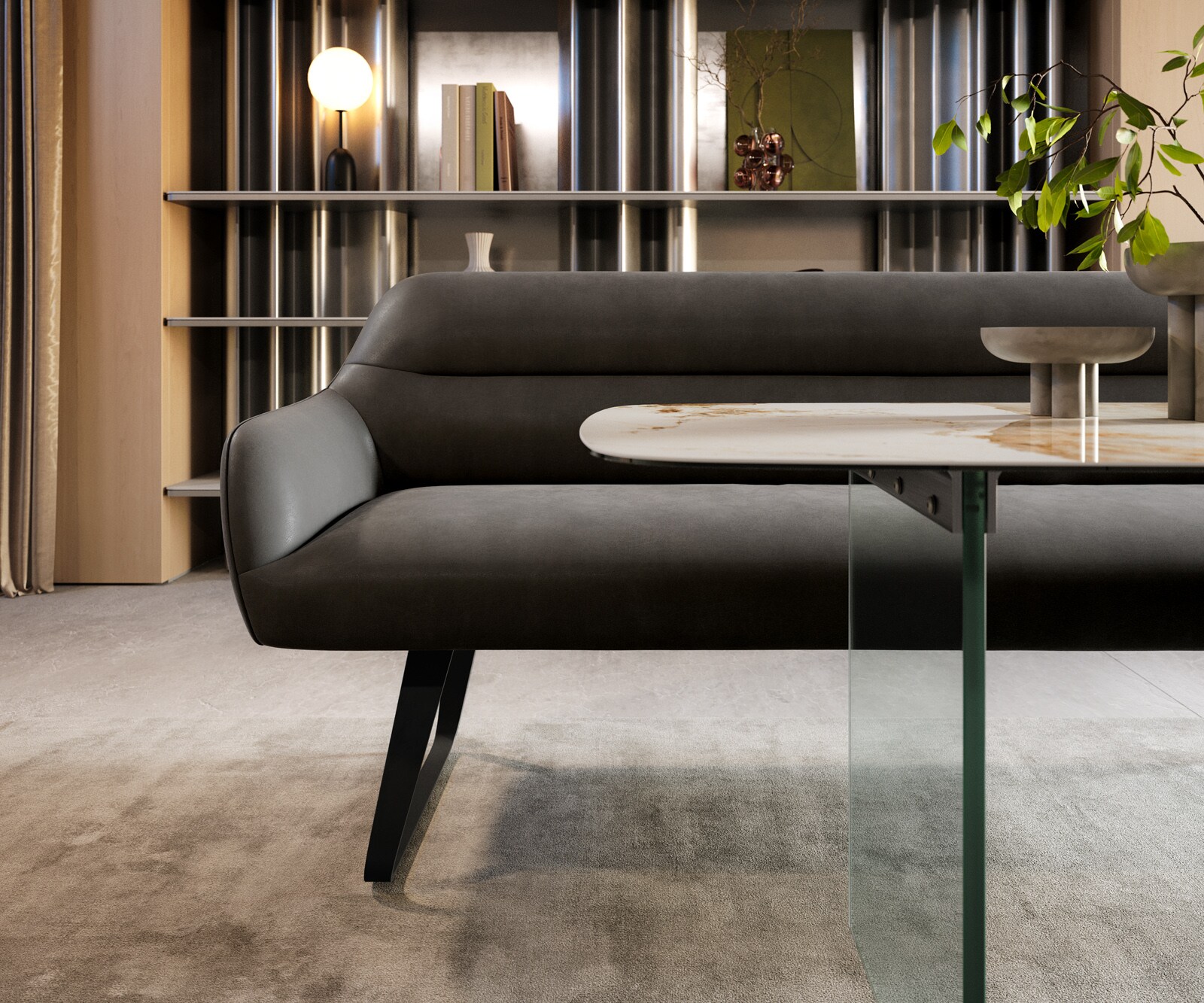 Eetkamerbank Taya-Flex 200 cm microvelours anthraciet vintage platte sledebasis zwart pocketvering 1