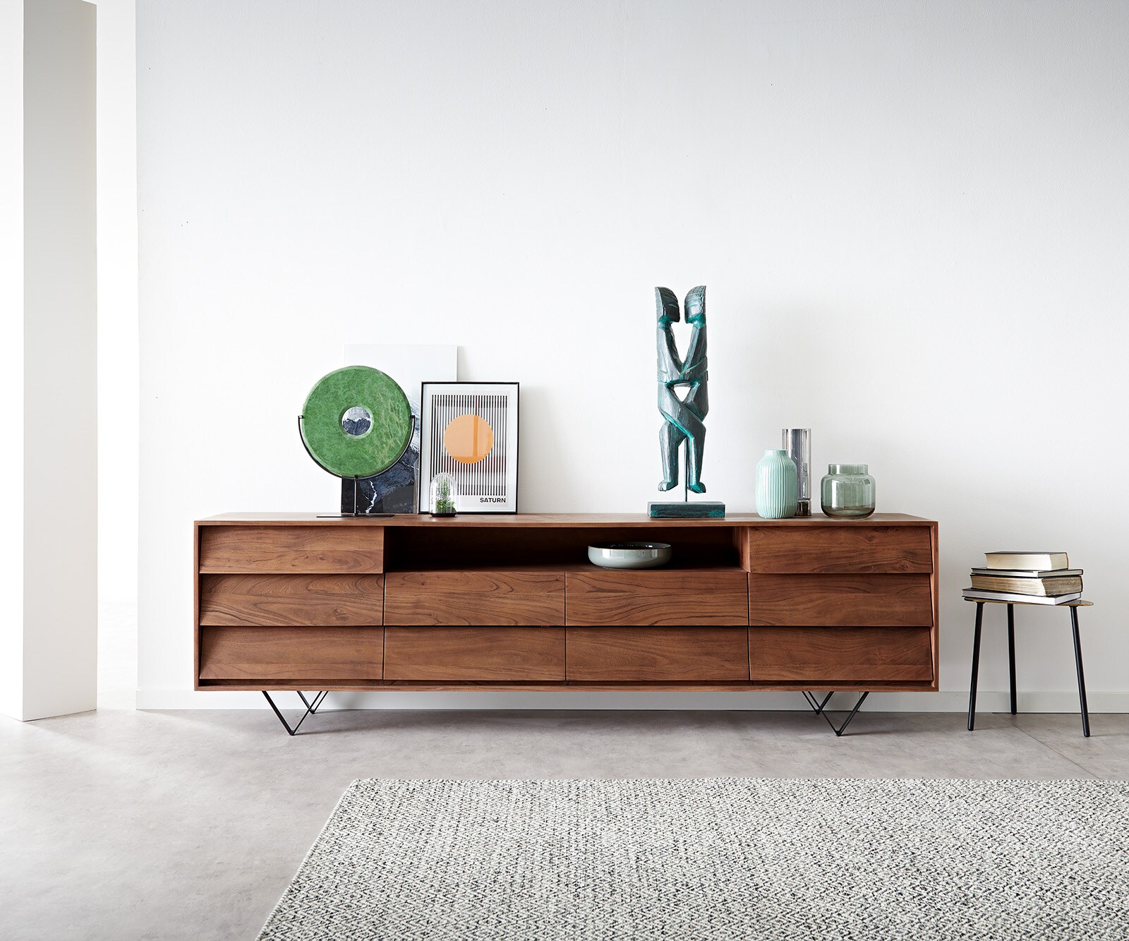 Dressoir Eloi Acacia Bruin 240x40 cm 2 Deuren 6 Laden V-Poot Zwart 1