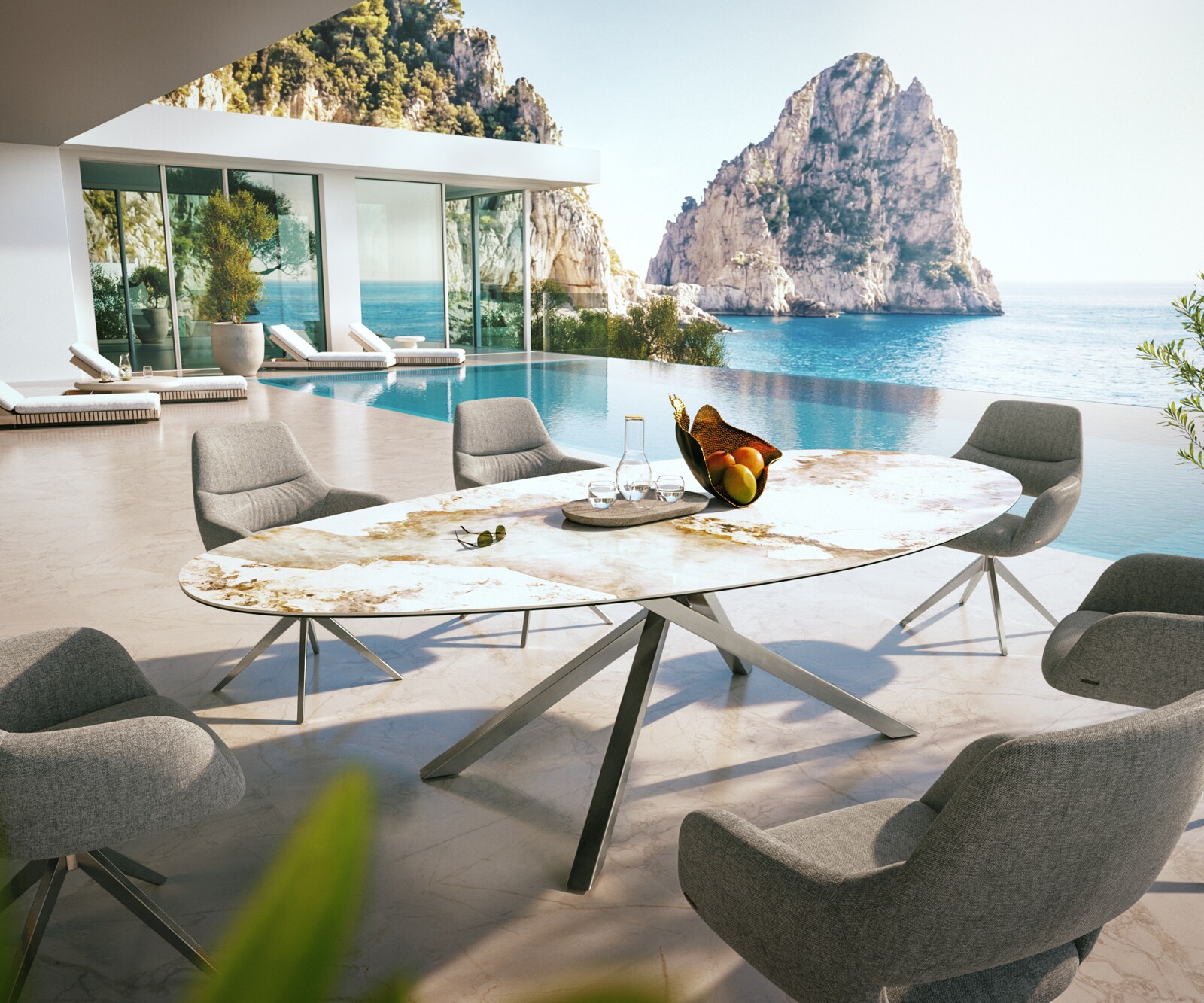 Outdoortafel Edge Ovaal 280x130 cm keramiek Minas Melange wit-beige kruispoot rechthoekig roestvrij staal 4