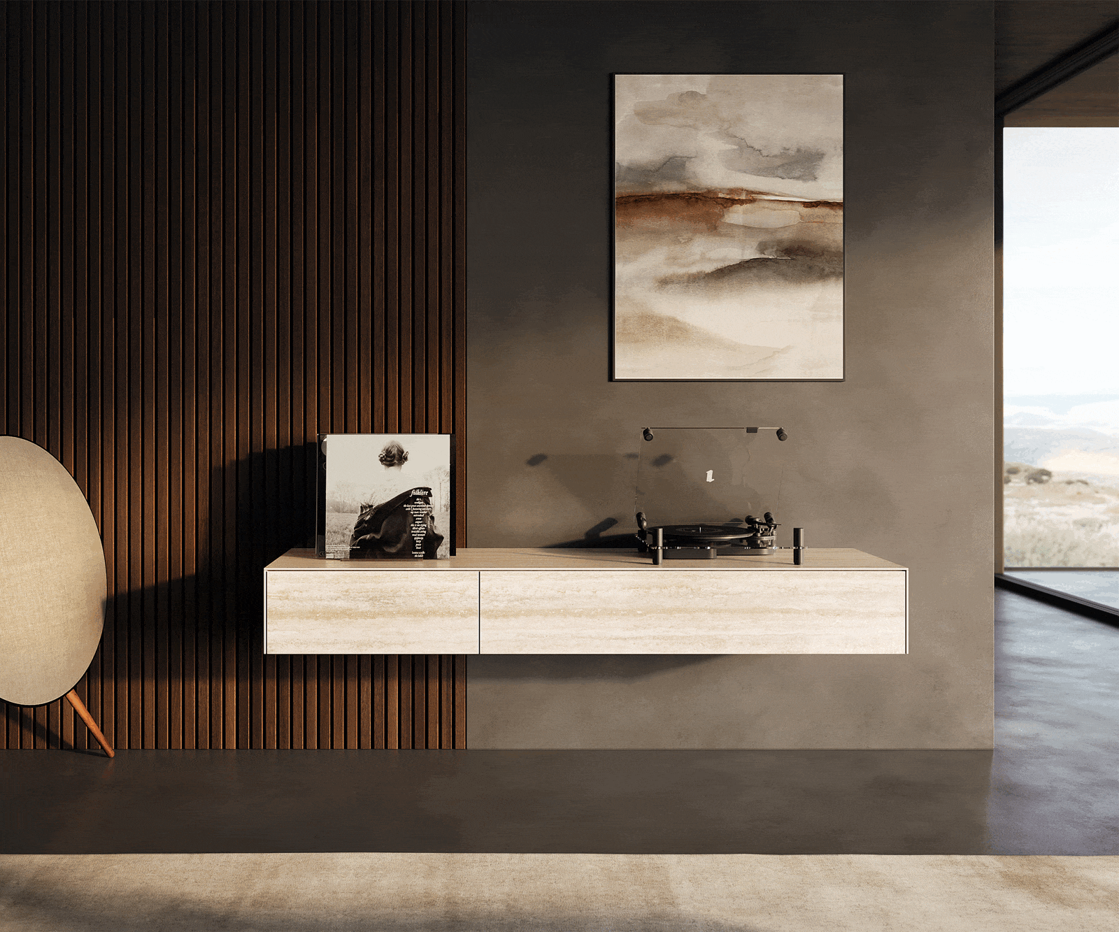 Tv-meubel Cuor 150 cm Keramiek Laminam® Travertino Bianco Crème-wit 1 Flap 1 Lade Zwevend 1