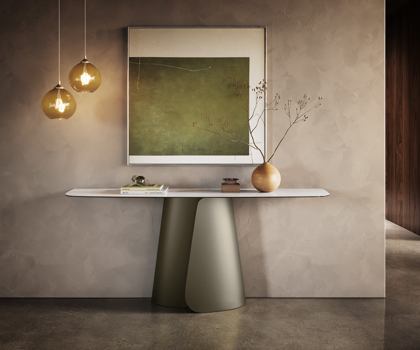 Consoletafel Edge Bootvorm 180x40 cm Keramiek Onyx Pearl Livos Metaal Effektfinish Titan 1