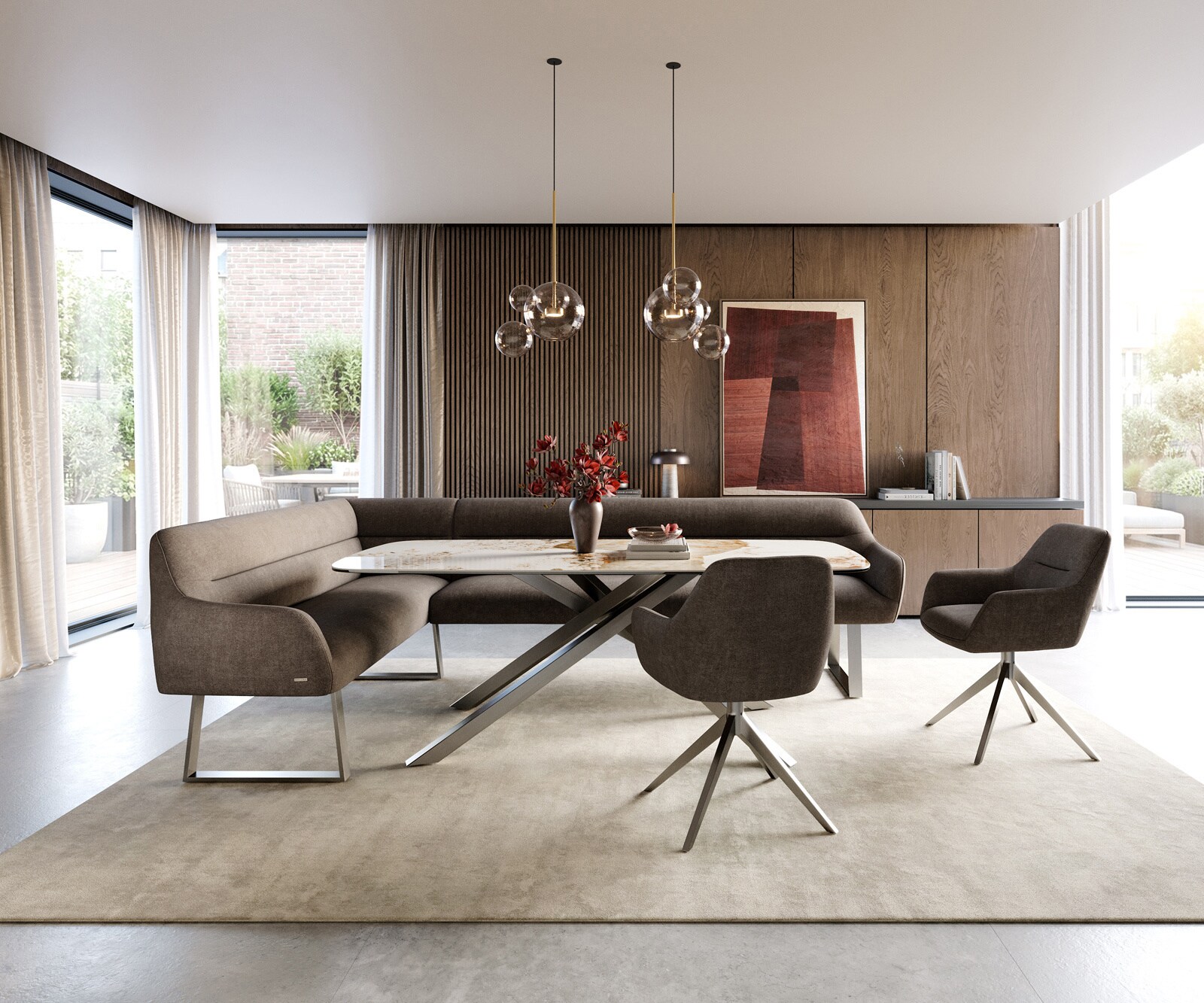 Eetkamerbank Taya-Flex 285x190 cm zachte stof met structuur taupe gekant sledeframe roestvrij staal pocketvering rechts 2