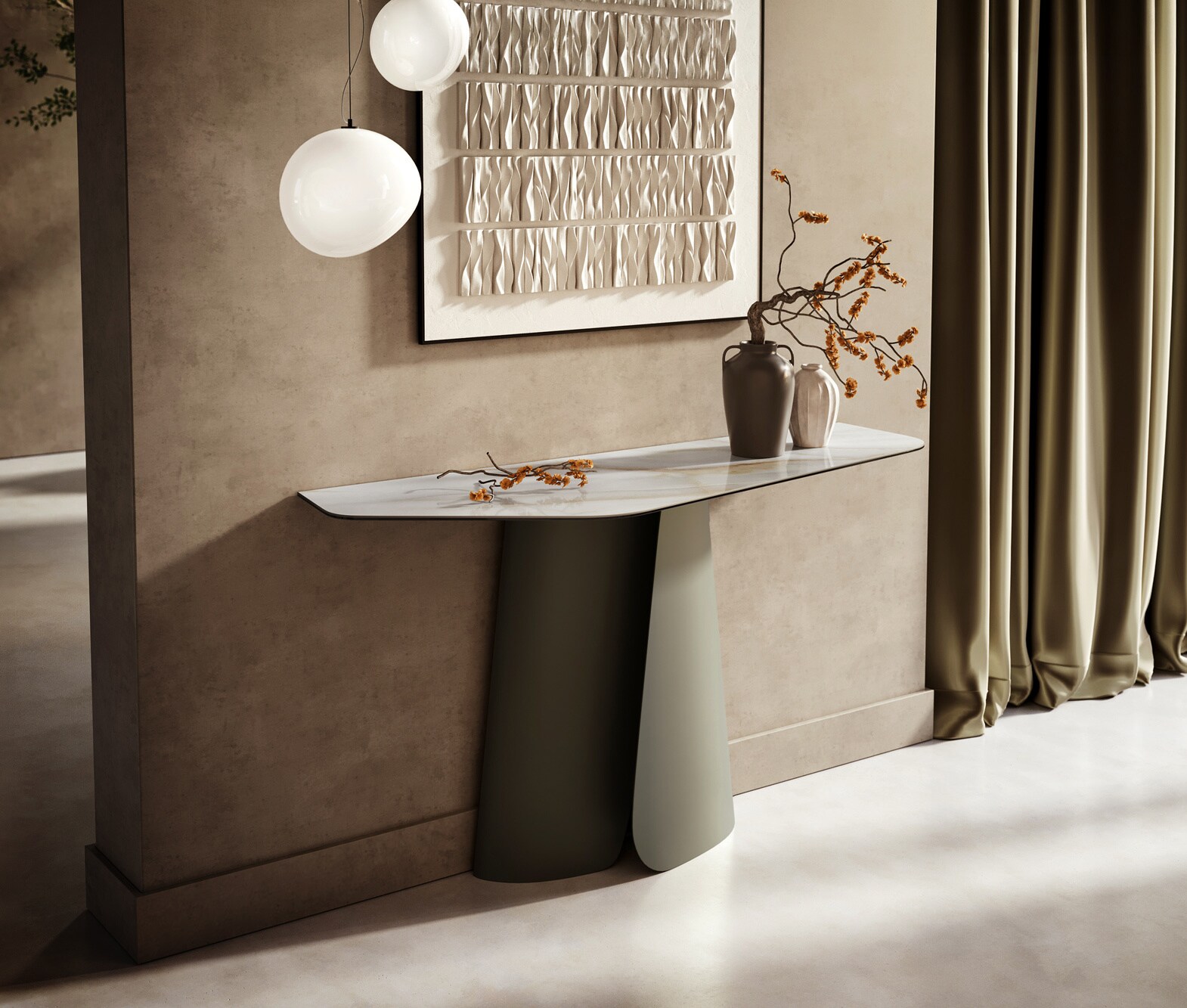 Consoletafel Edge Polygonaal 140x50 cm Keramiek Onyx Pearl Livos Metaal Effektfinish Titan 4