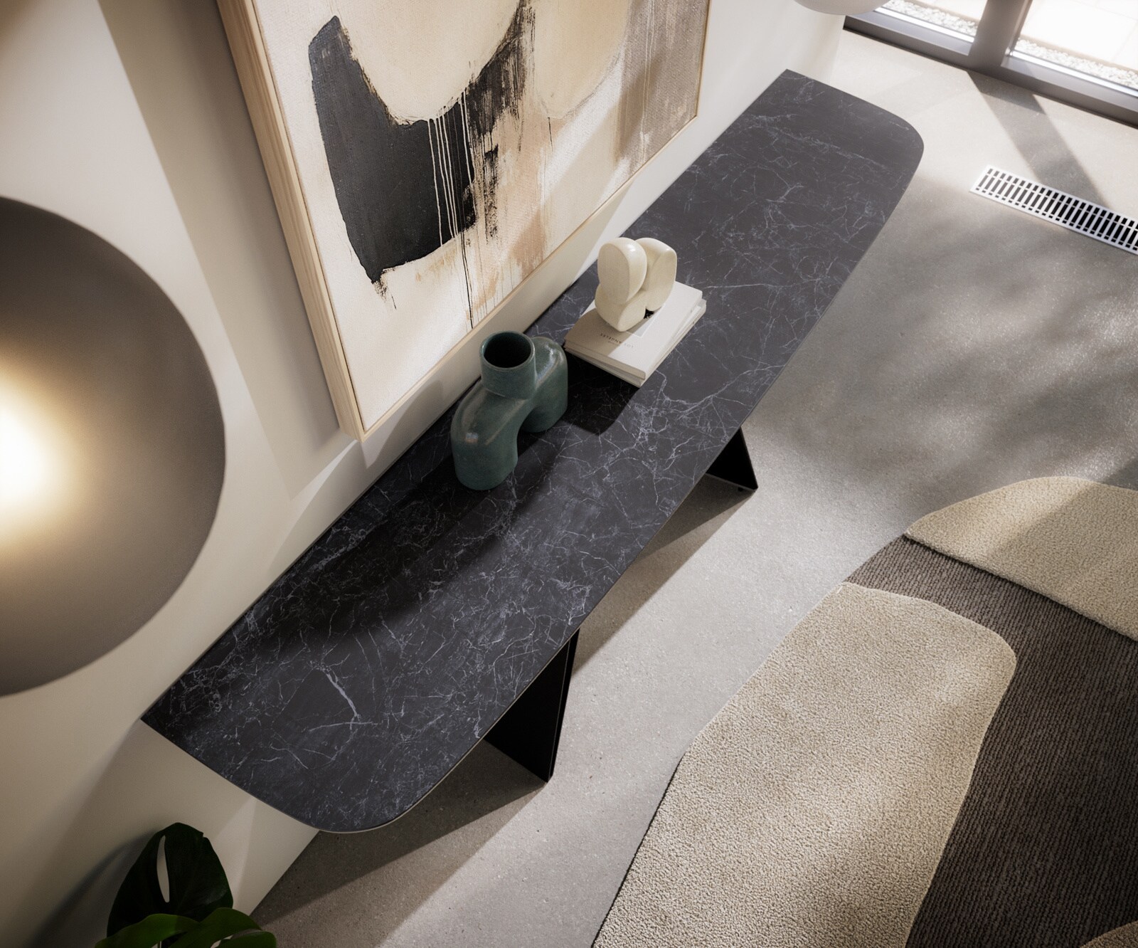 Consoletafel Edge Bootvorm 180x40 cm Keramiek Laminam® Nero Greco Anthrazit Velio Metaal Zwart 6