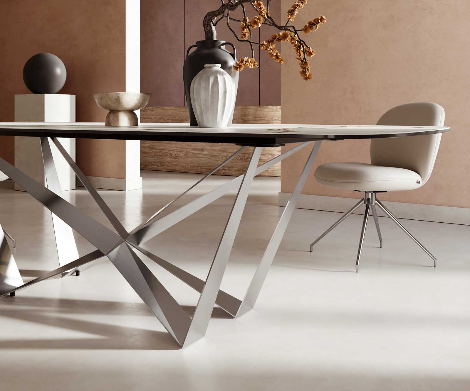 Eetkamertafel Edge Boot 240x120 keramiek Calacatta Luxe wit-goud-grijs spider vlak staal RVS 5