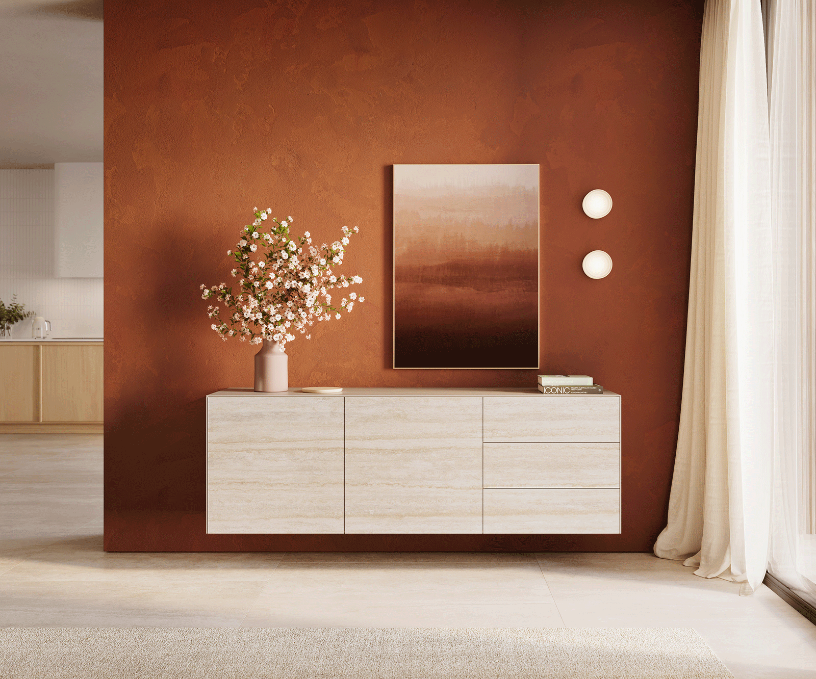 Dressoir Cuor 180 cm Keramiek Laminam® Travertino Bianco Crème-wit 2 Deuren 3 Laden Zwevend 1