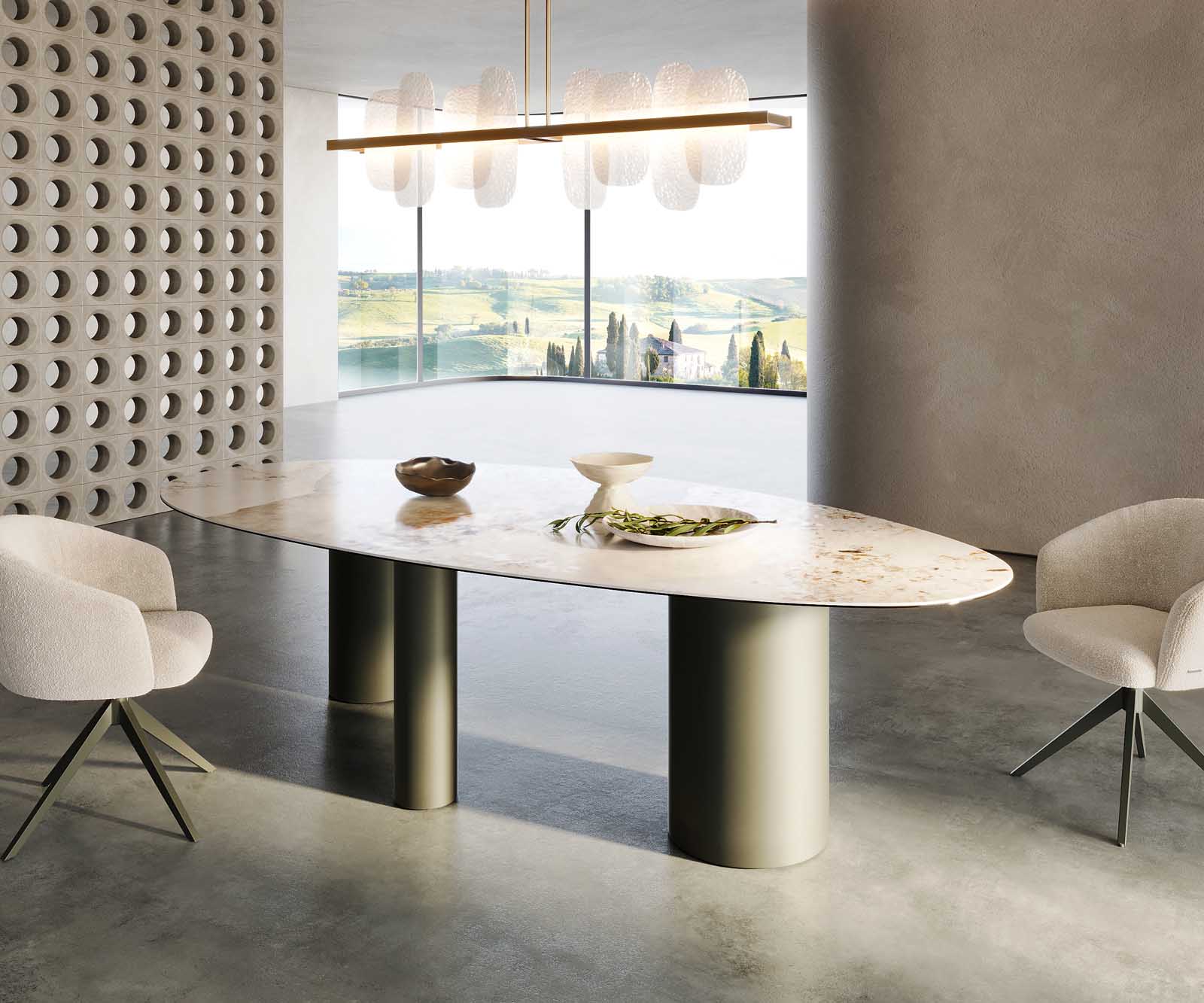 Eettafel Edge ovaal 280x130 keramiek Minas Melange wit-beige Troa metaal effect afwerking titanium 6