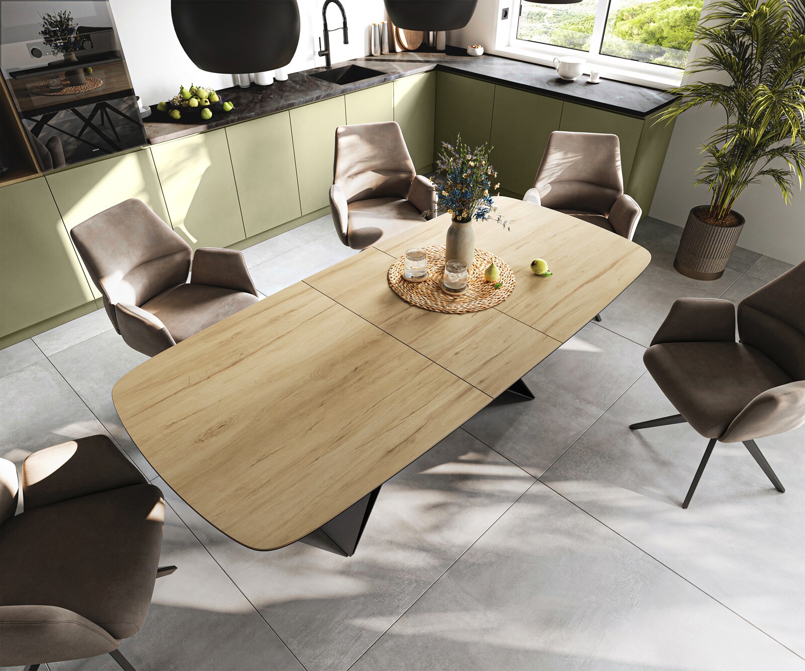 Eettafel Edge Boot 180-220x100 cm Keramiek Laminam® Sabbia Eichefarbig V-onderstel Flachstahl Zwart uitschuifbaar 4